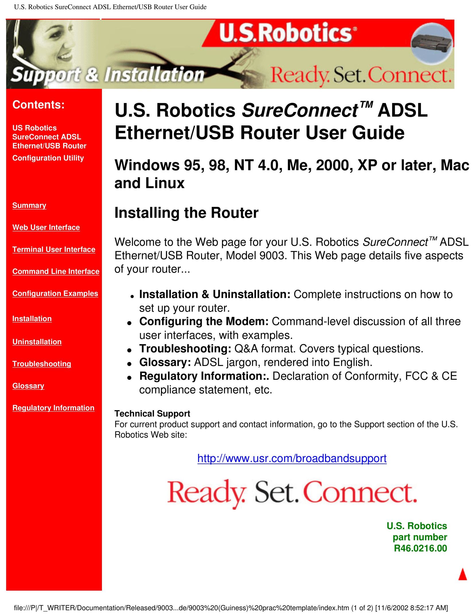 USRobotics U.S. Robotics SureConnect ADSL Ethernet/USB Router Network Router User Manual