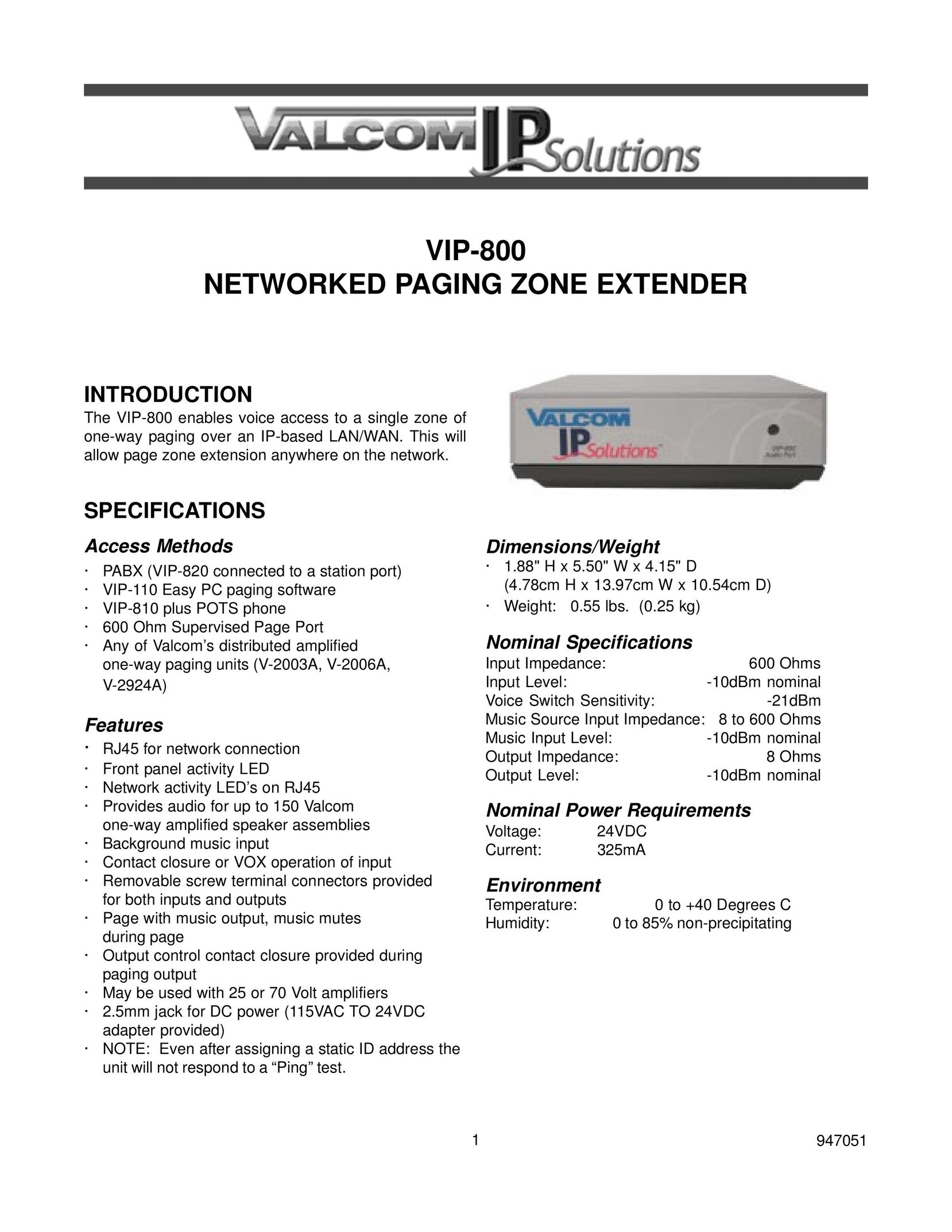 Valcom VIP-800 Network Router User Manual