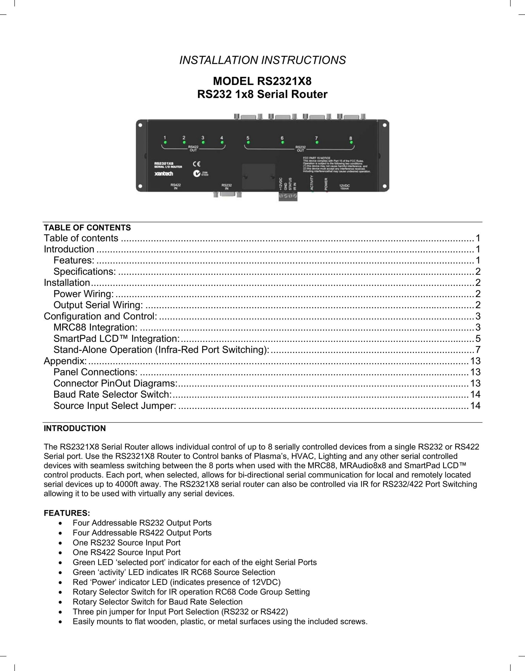 Xantech RS2321X8 Network Router User Manual