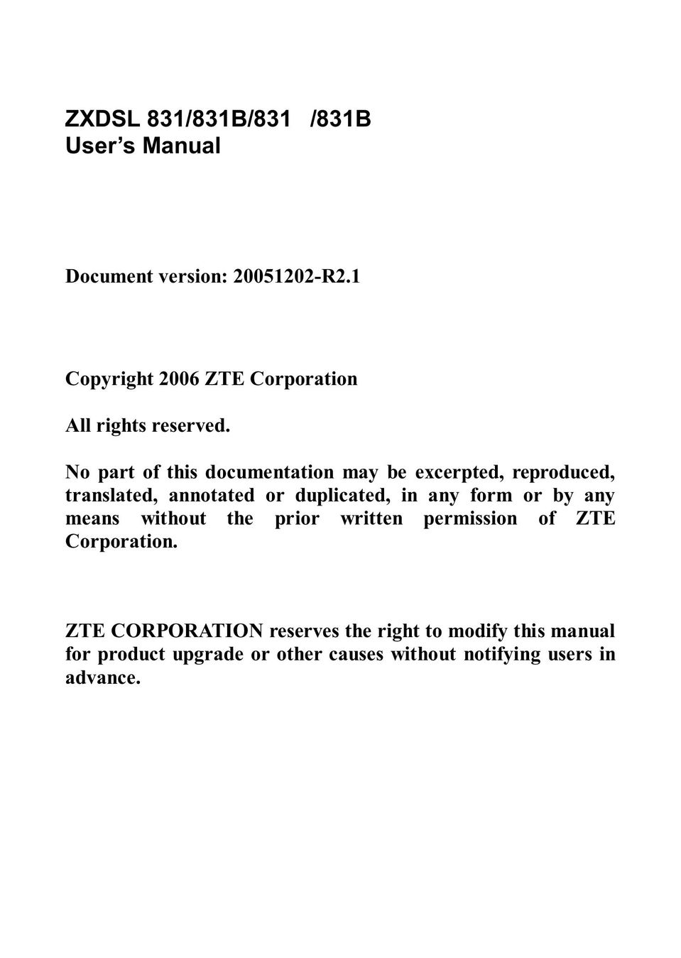 ZTE ZXDSL 831 Network Router User Manual