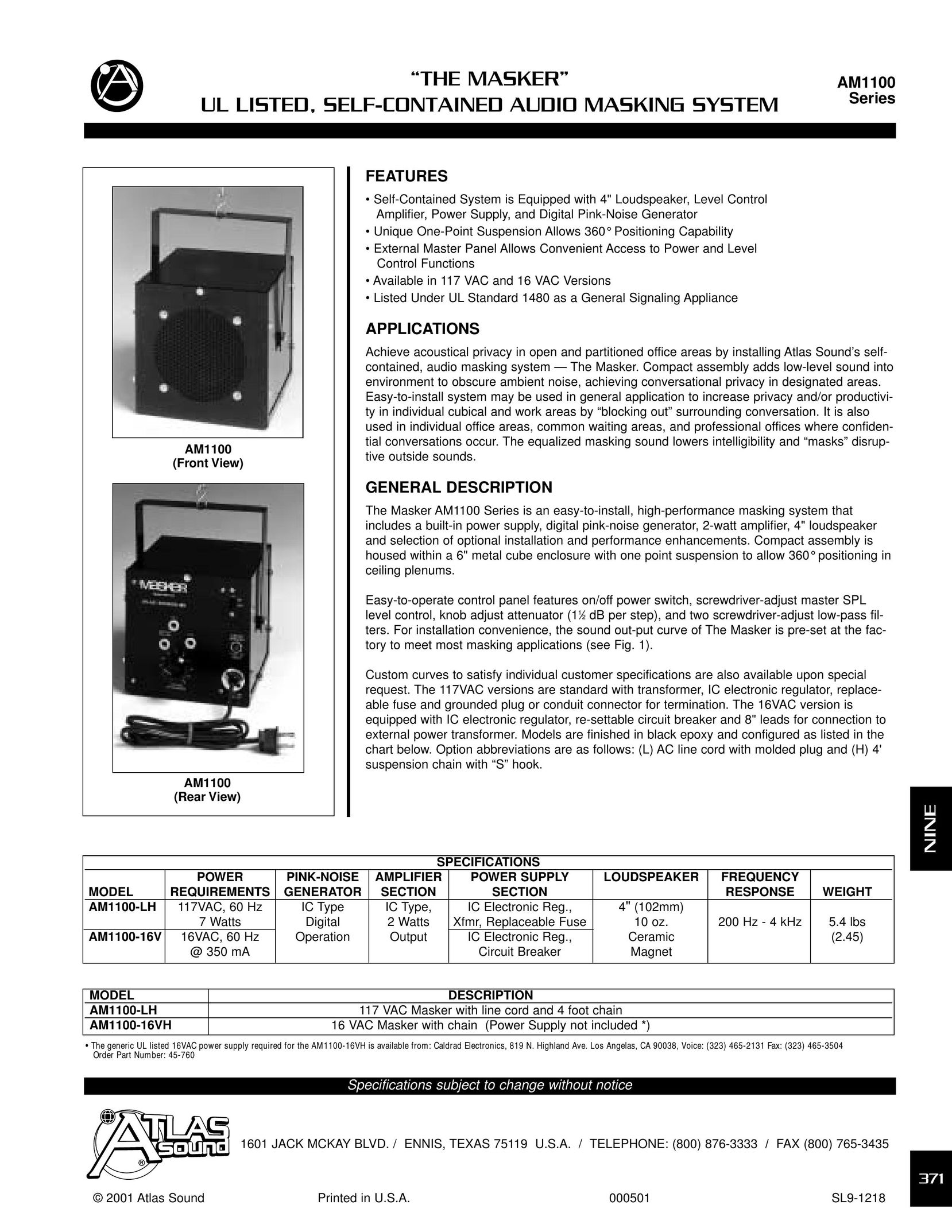 Atlas Sound AM1100 Noise Reduction Machine User Manual
