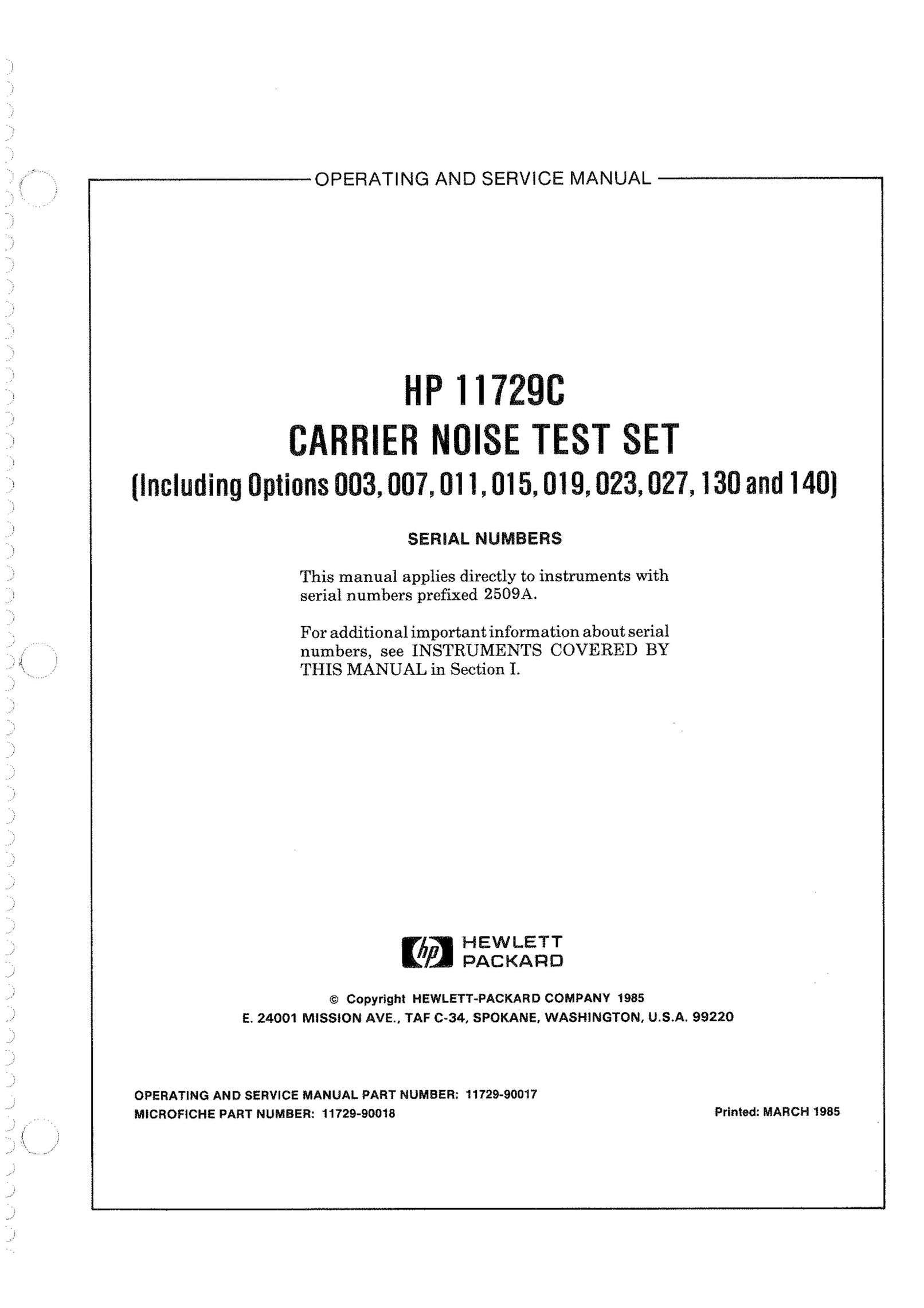 HP (Hewlett-Packard) HP 11729C Noise Reduction Machine User Manual
