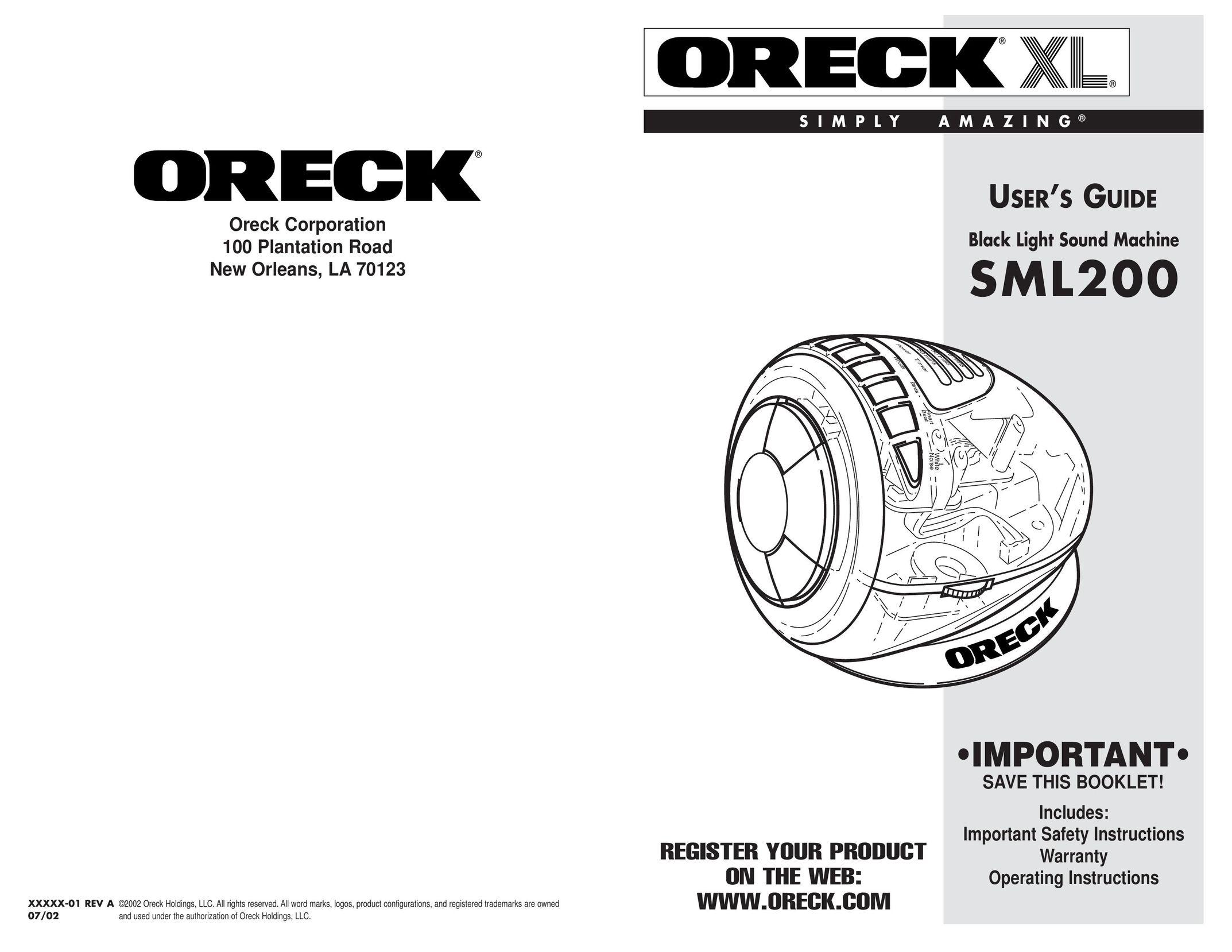 Oreck SML200 Noise Reduction Machine User Manual