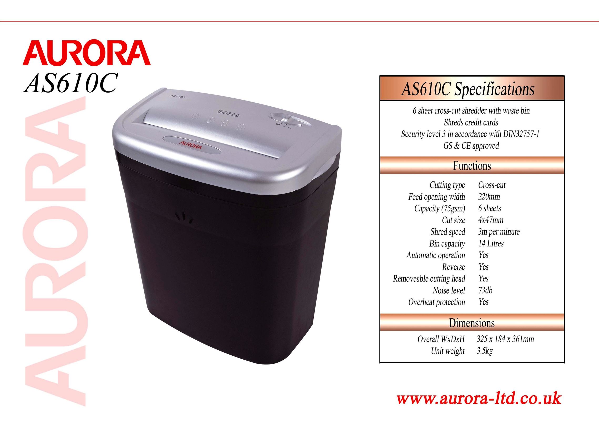 Aurora Electronics AS610C Paper Shredder User Manual