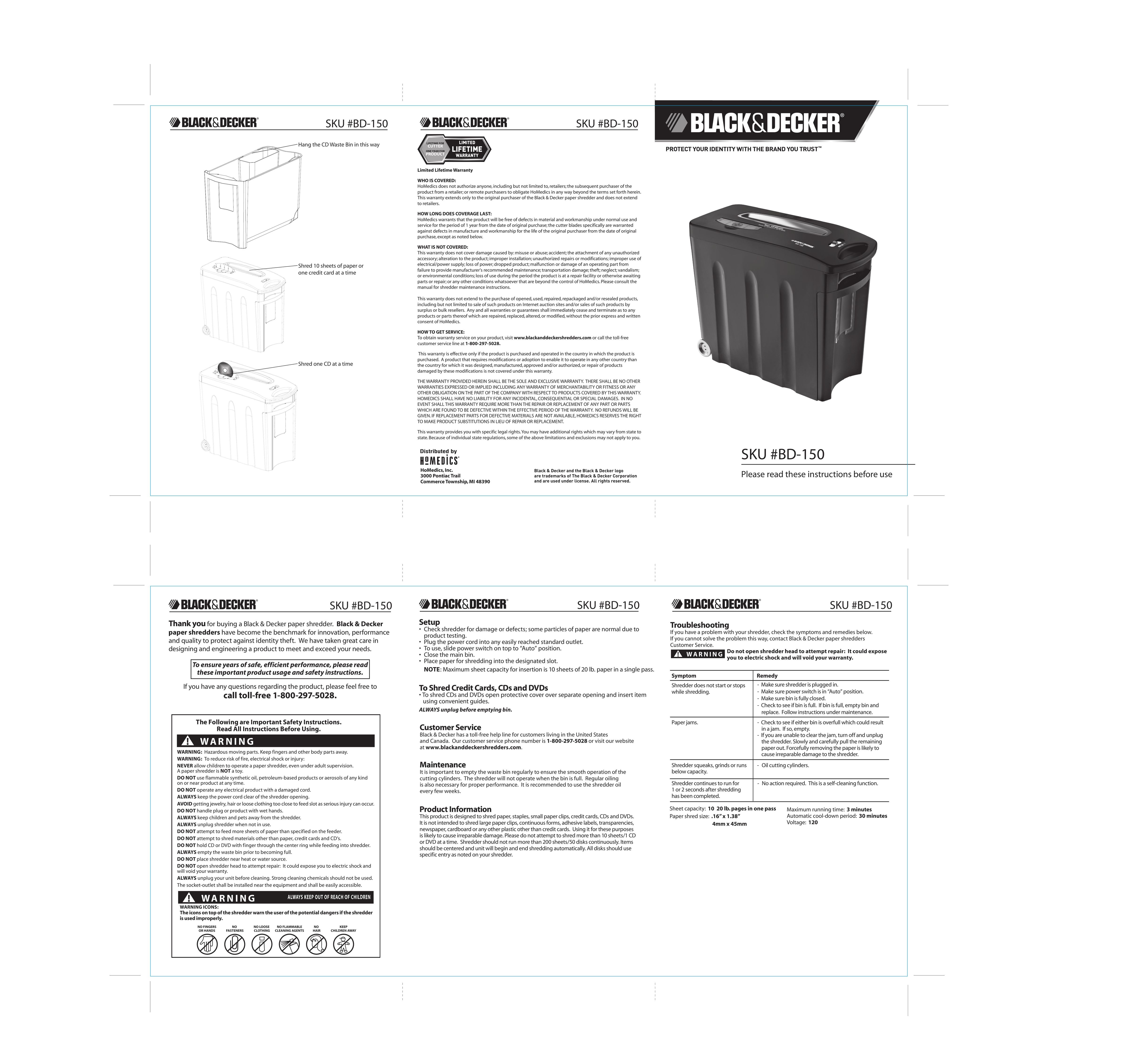 Black & Decker 8D-150 Paper Shredder User Manual