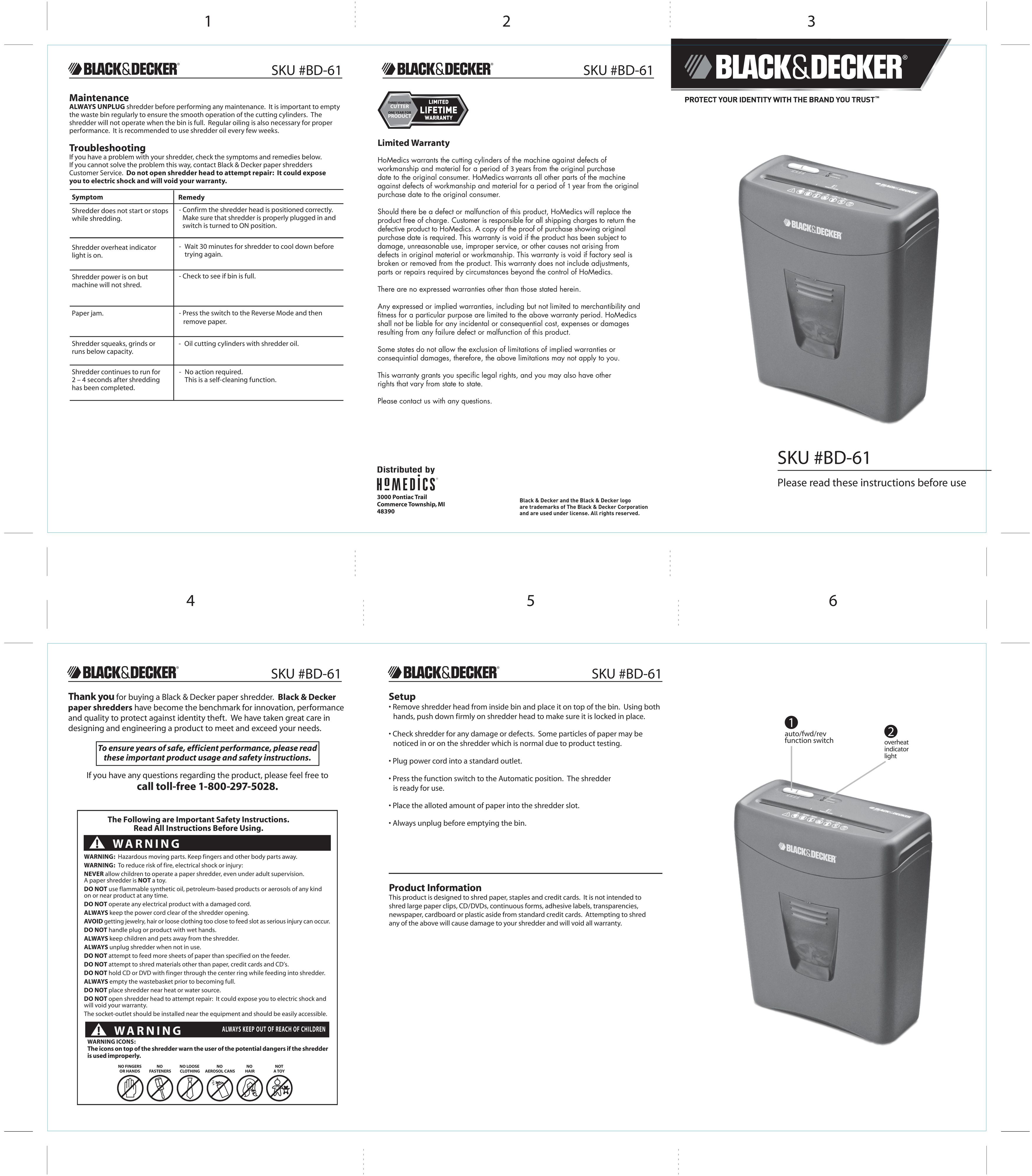 Black & Decker BD-61 Paper Shredder User Manual