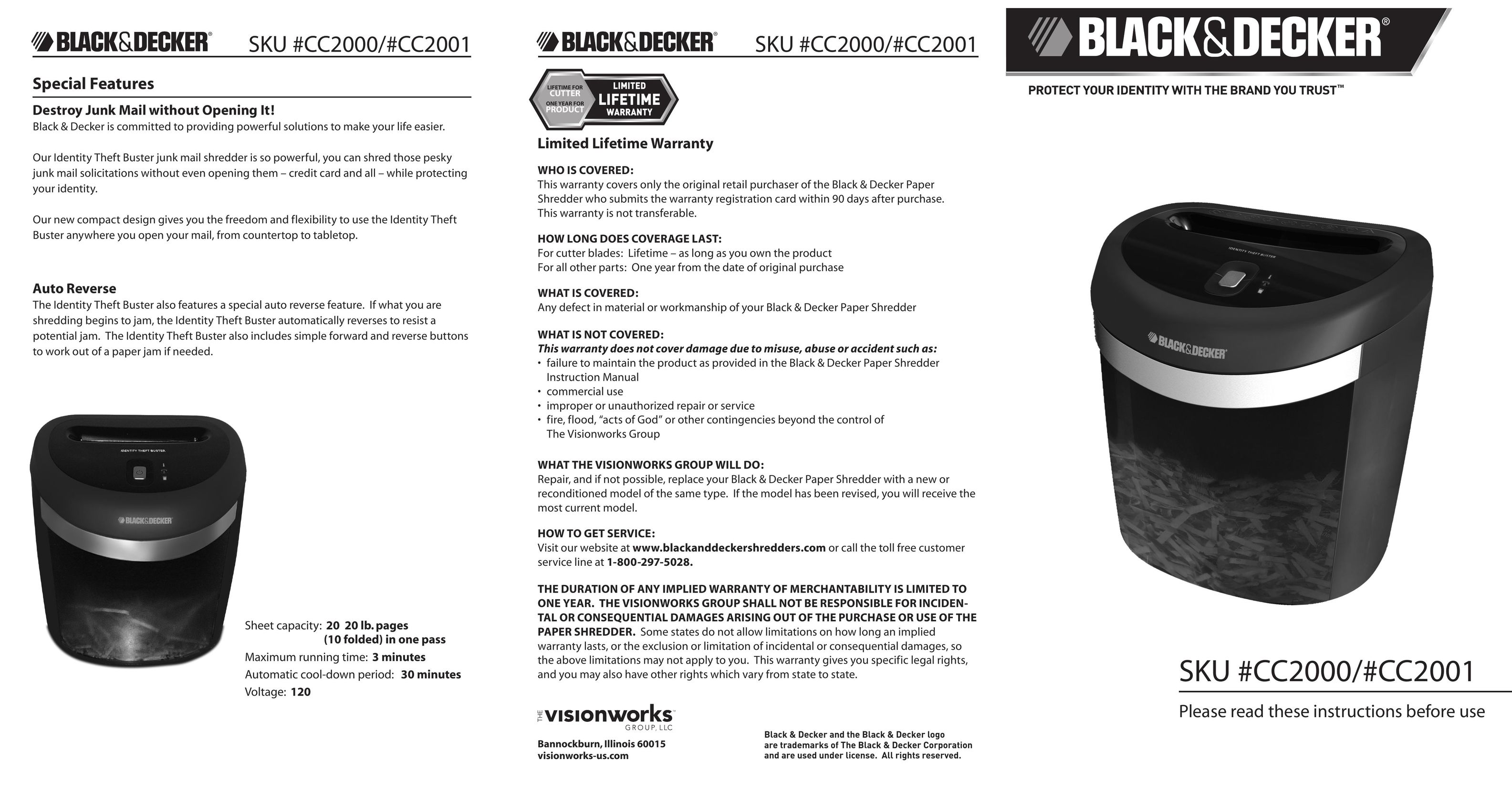 Black & Decker CC2000 CC2001 Paper Shredder User Manual