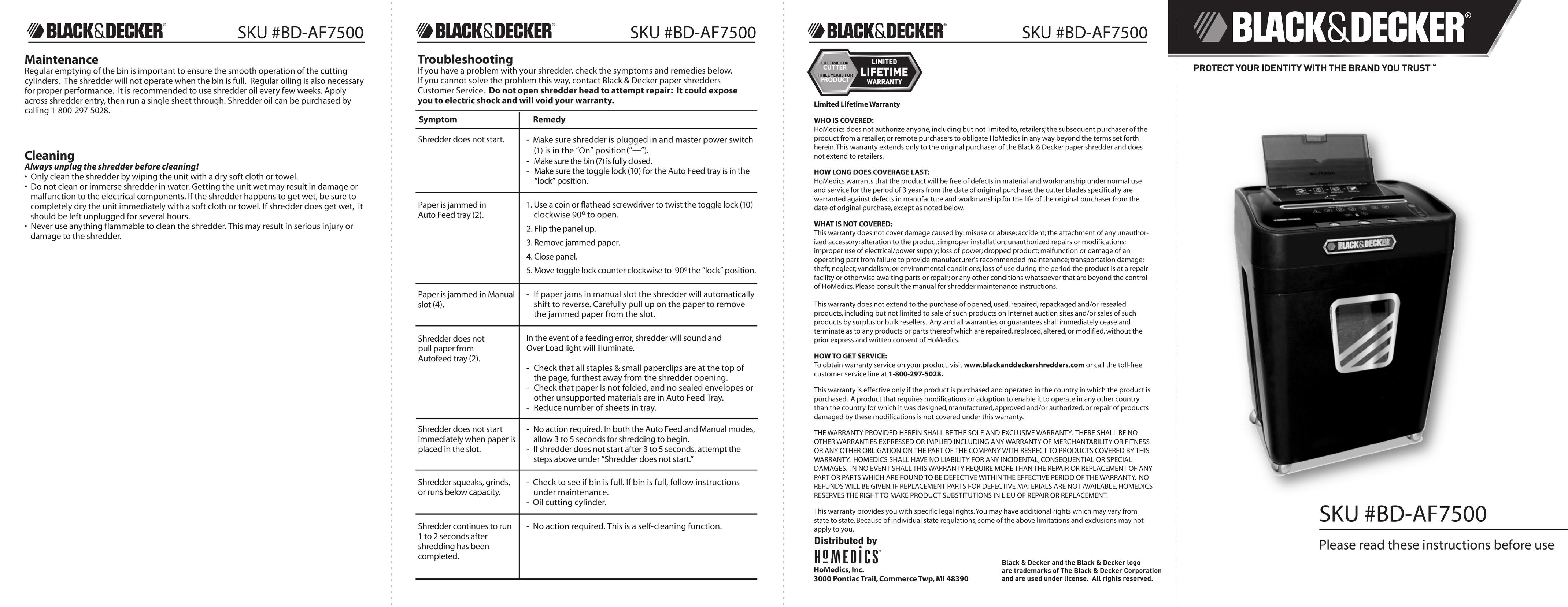 Black & Decker SKU #80-AF7500 Paper Shredder User Manual