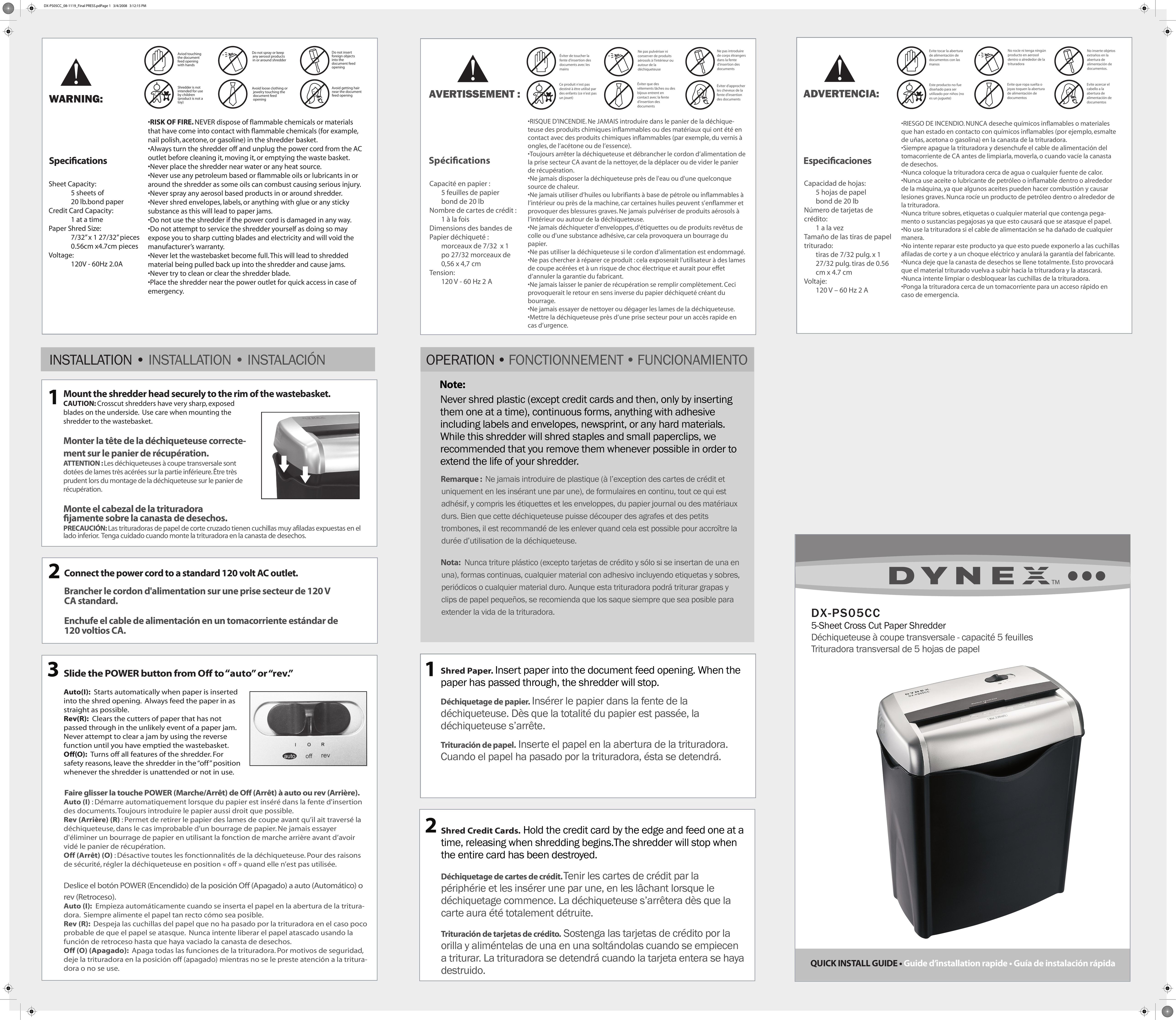 Dynex DX-PS05CC Paper Shredder User Manual