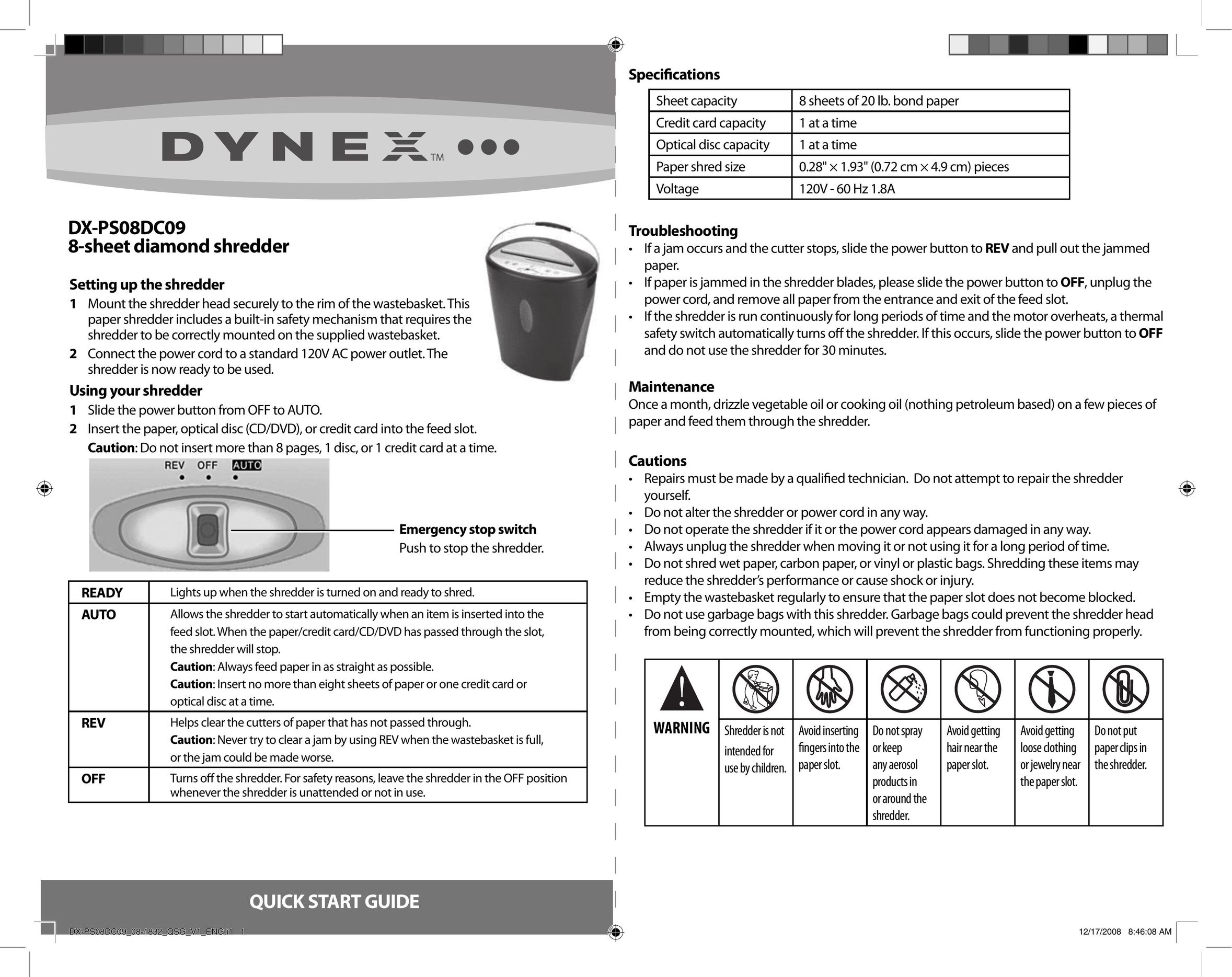 Dynex DX-PS08DC09 Paper Shredder User Manual
