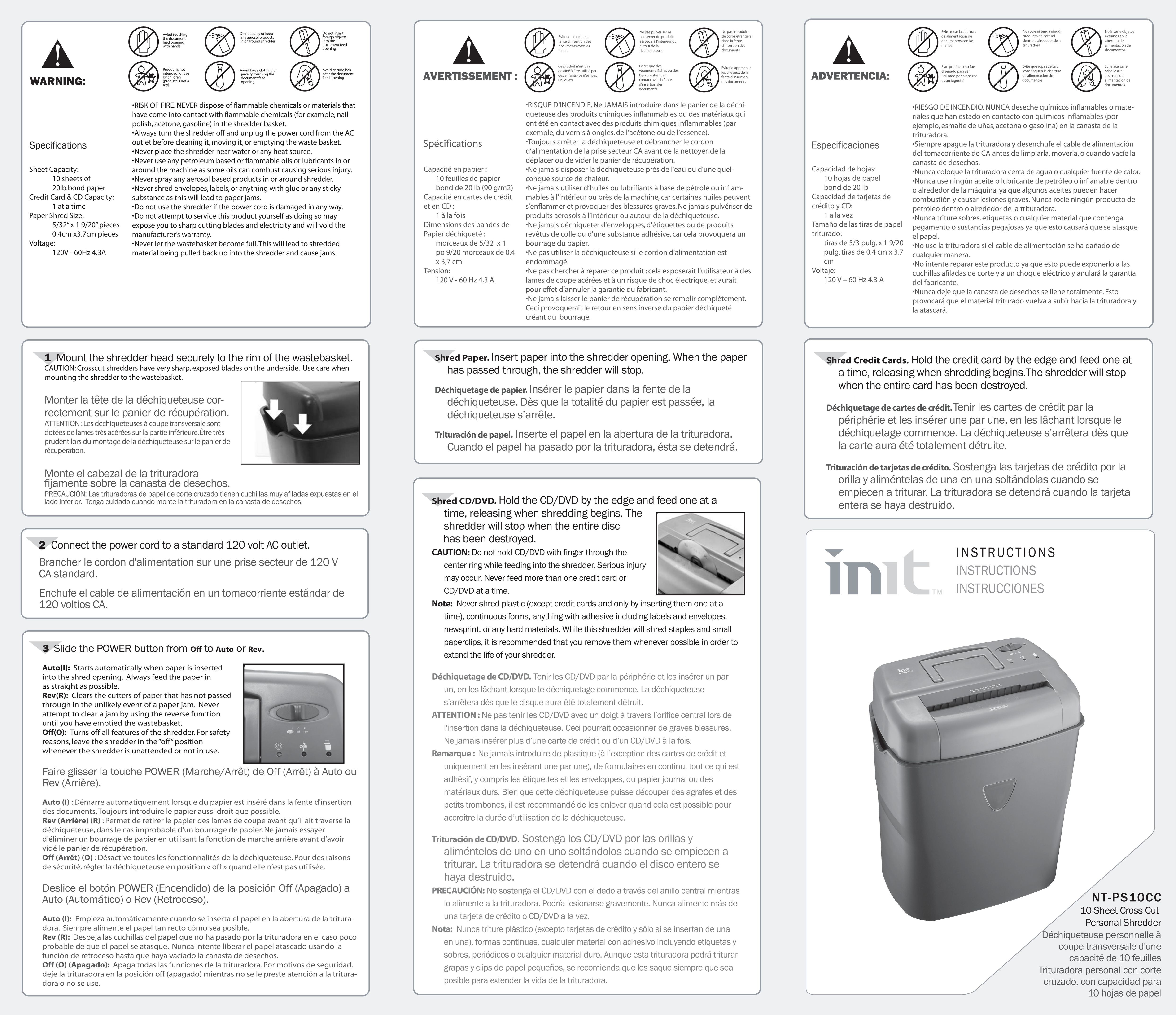 Init NT-PS10CC Paper Shredder User Manual