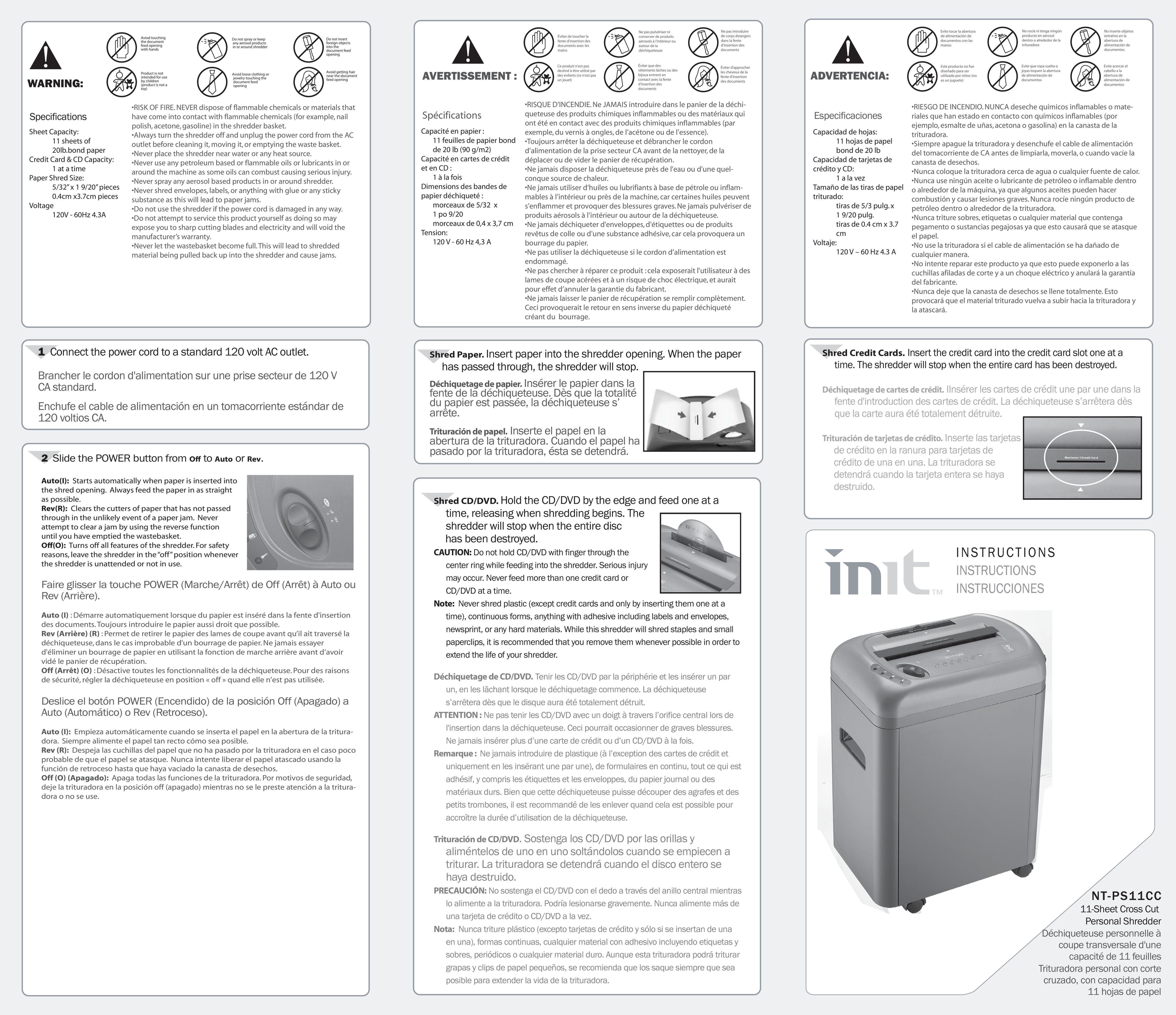 Init NT-PS11CC Paper Shredder User Manual