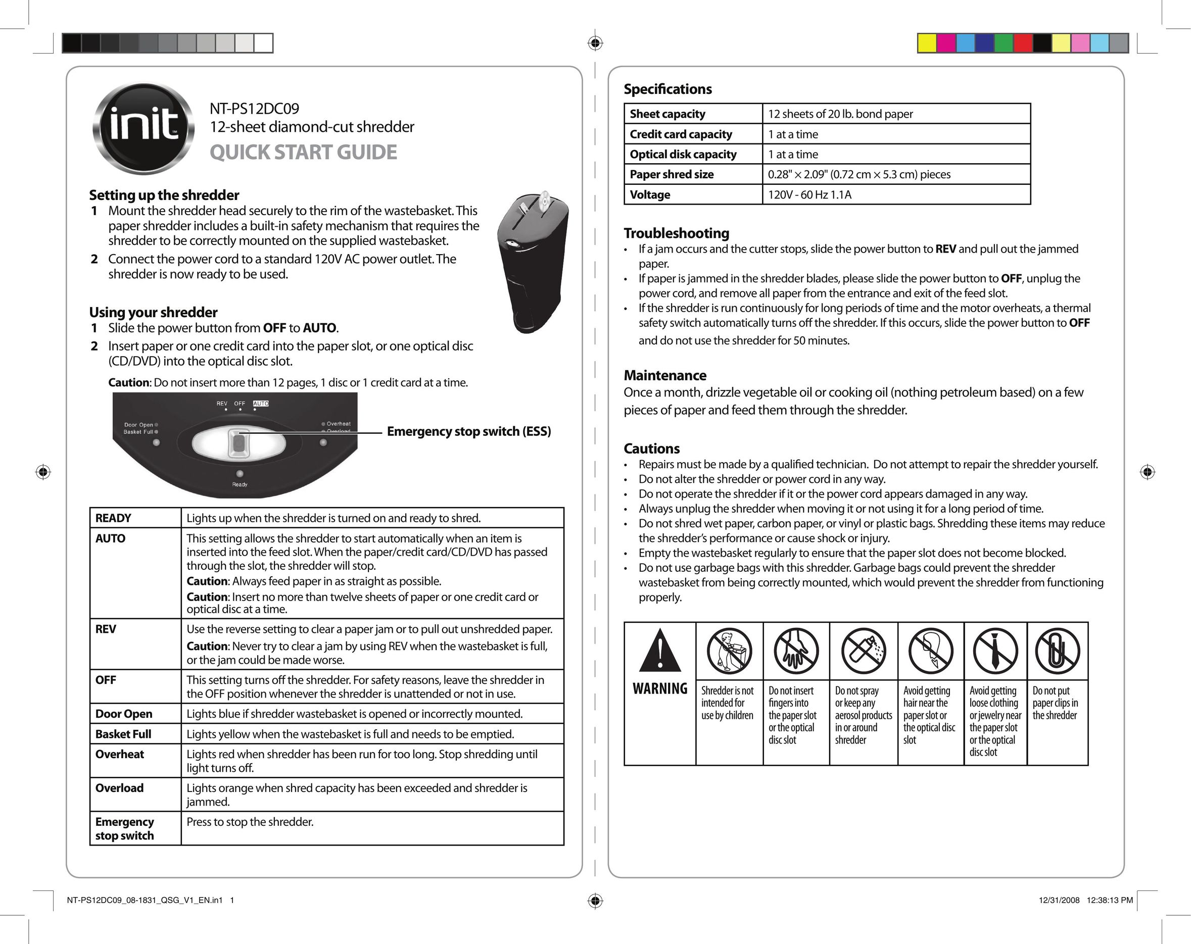Init NT-PS12DC09 Paper Shredder User Manual
