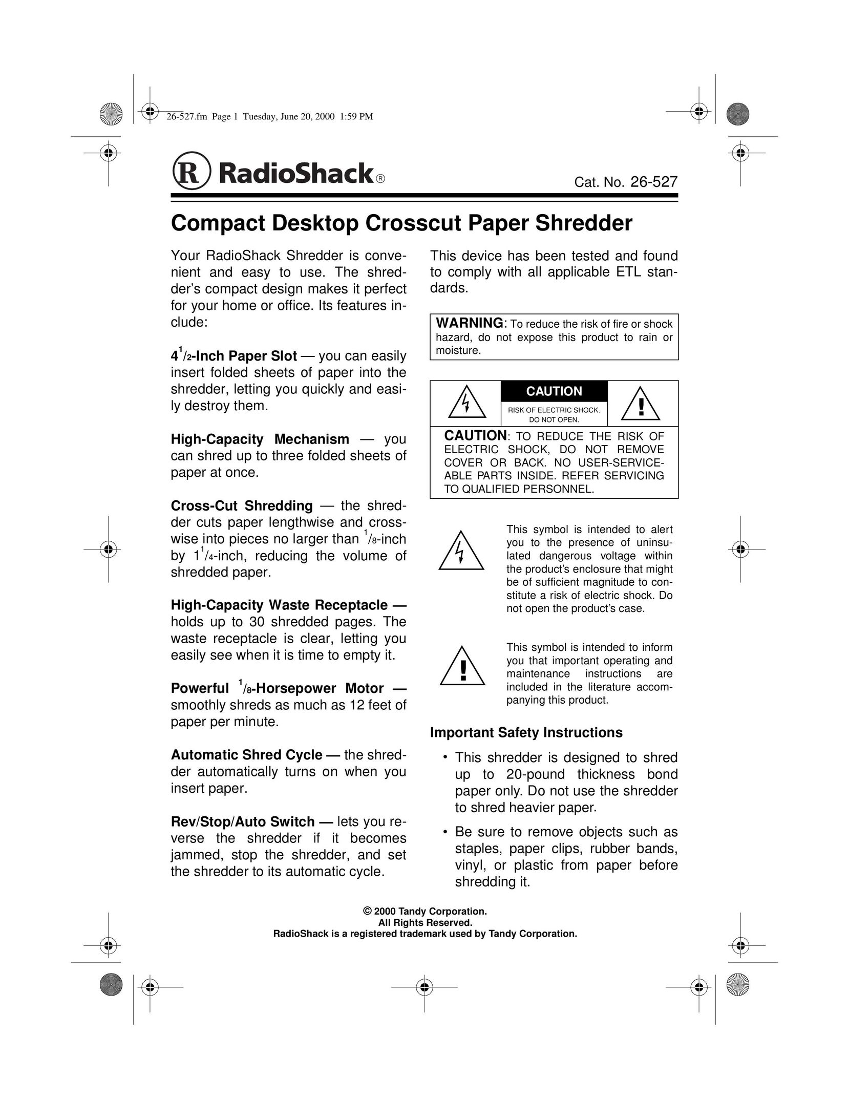 Radio Shack 26-527 Paper Shredder User Manual
