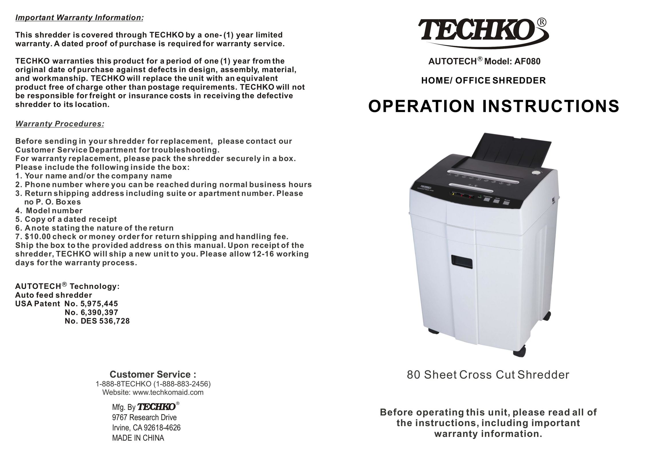 Techko AF080 Paper Shredder User Manual