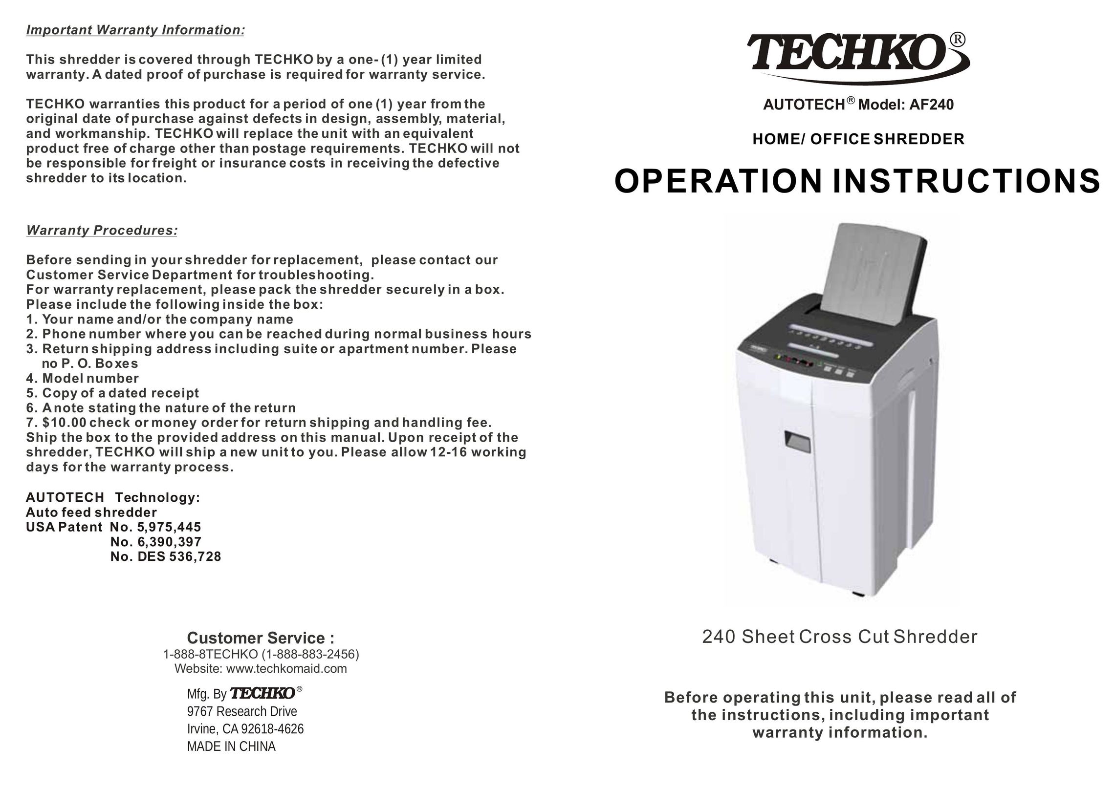Techko AF240 Paper Shredder User Manual