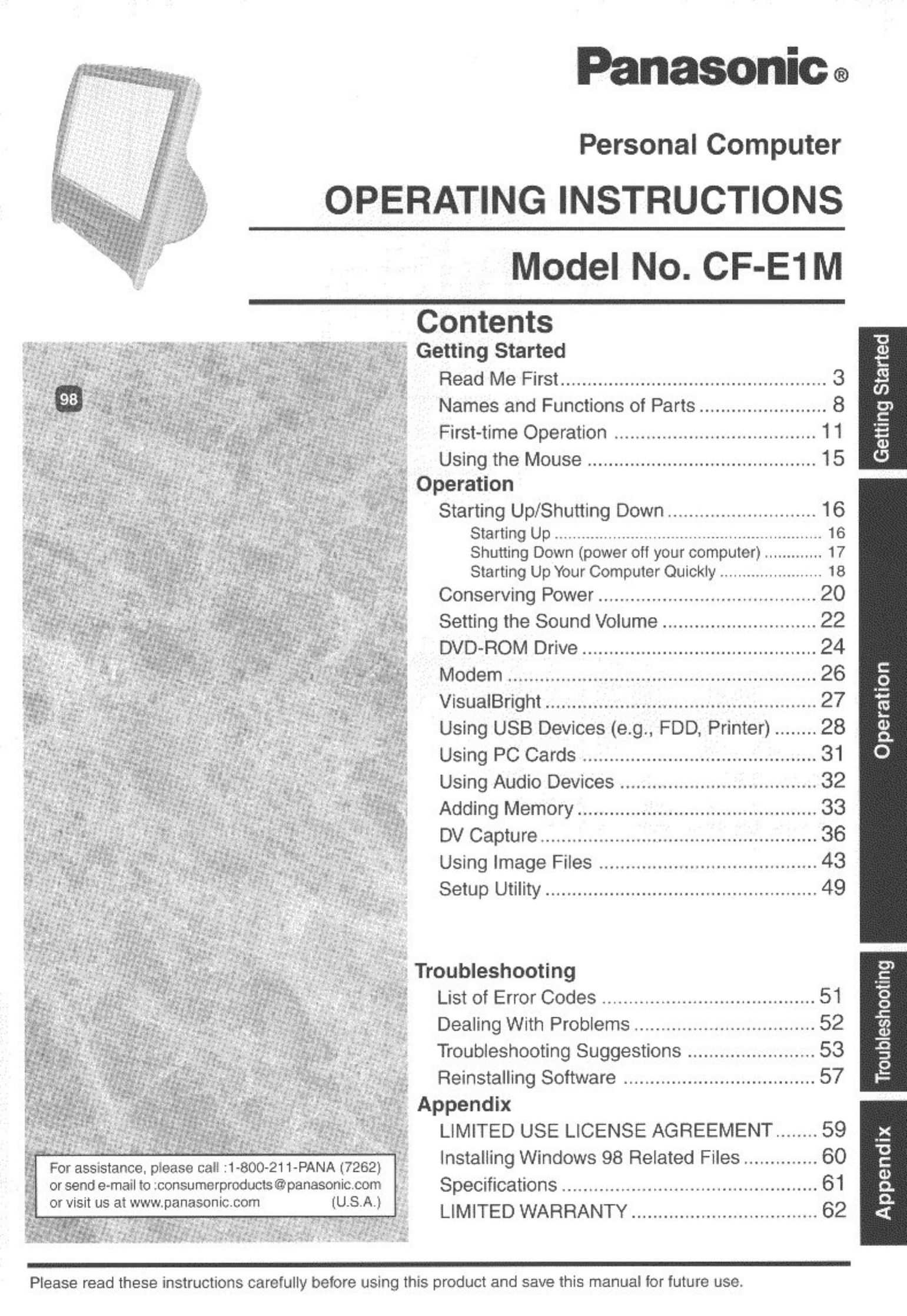 Panasonic CF-E1M Personal Computer User Manual