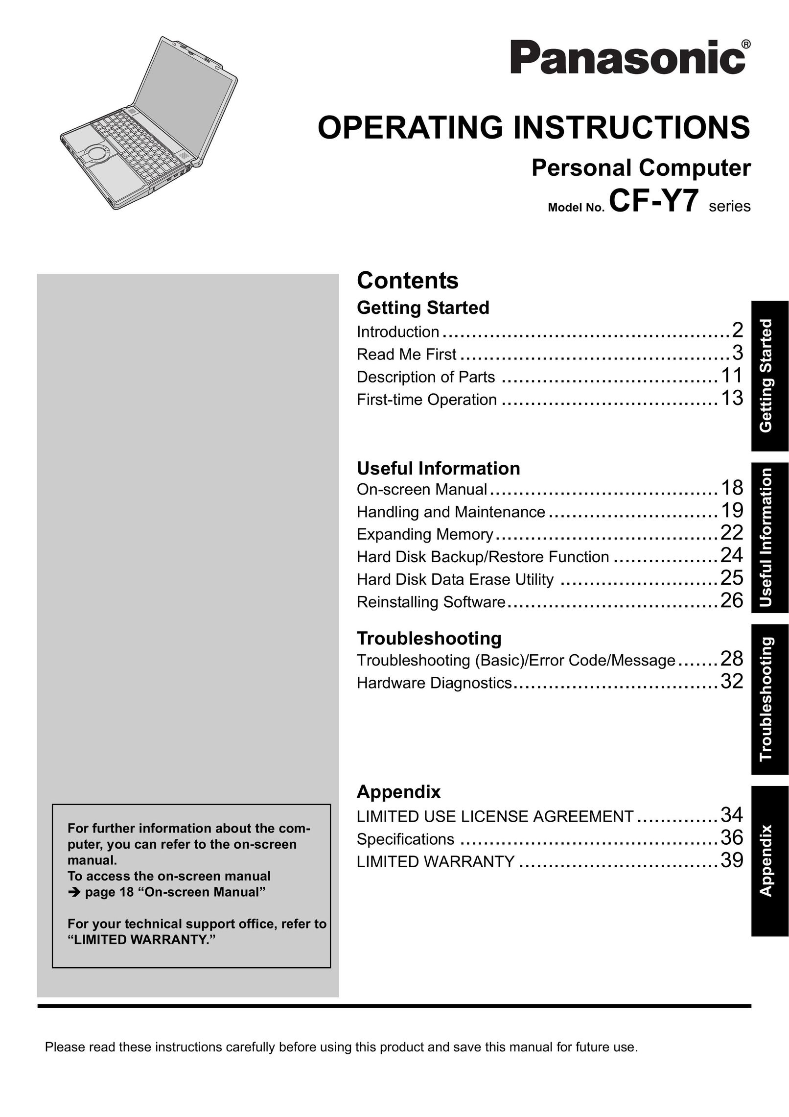 Panasonic CF-Y7 series Personal Computer User Manual