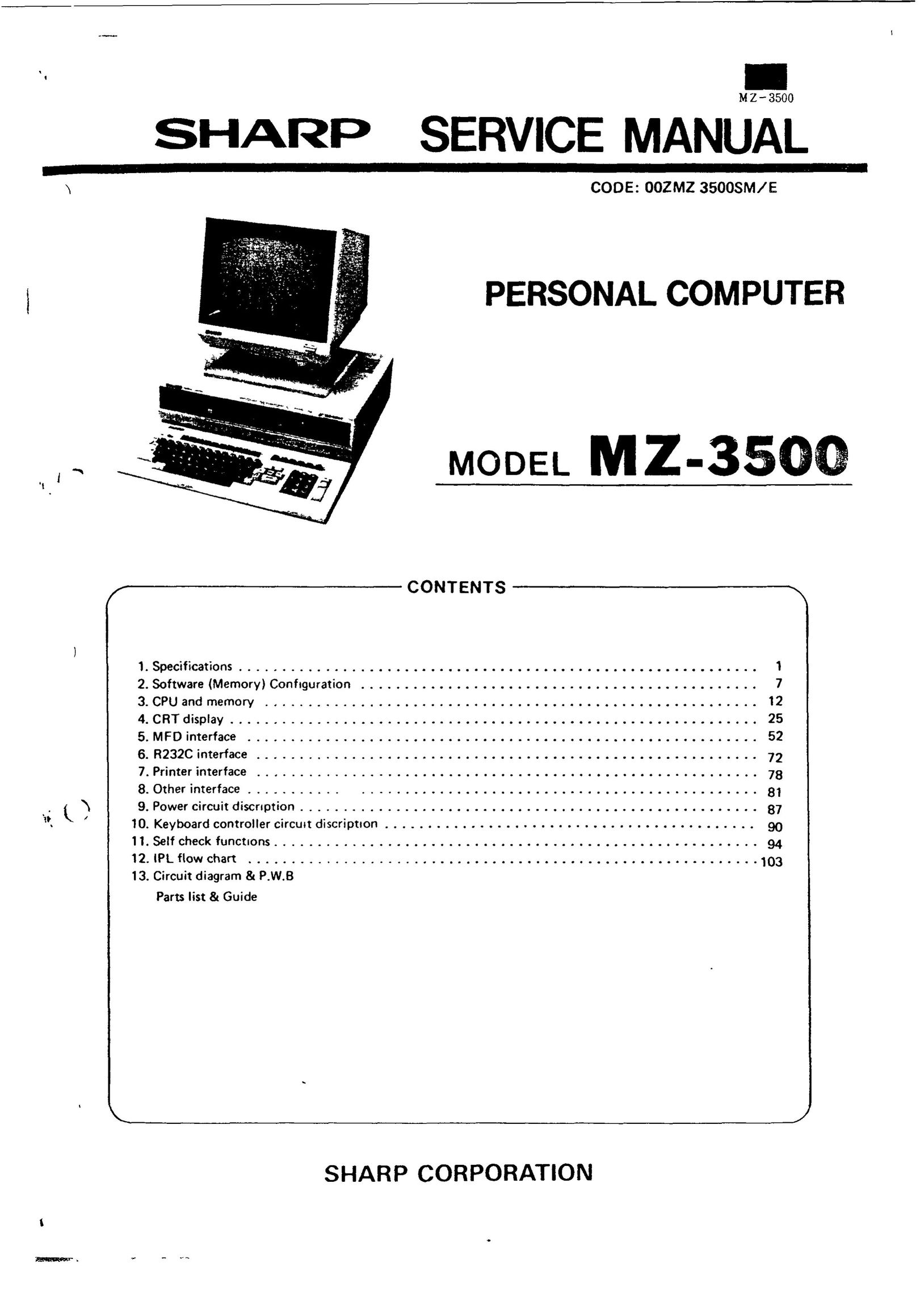 Sharp MZ-3500 Personal Computer User Manual