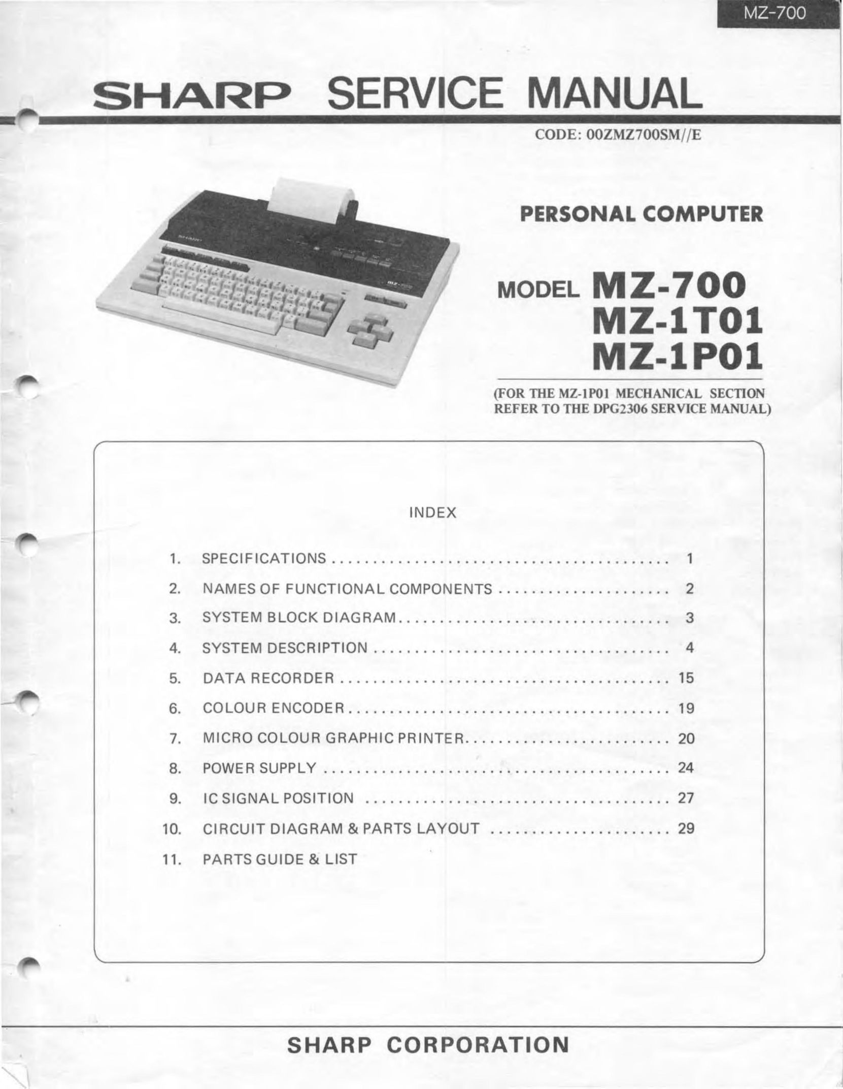Sharp MZ-700 Personal Computer User Manual