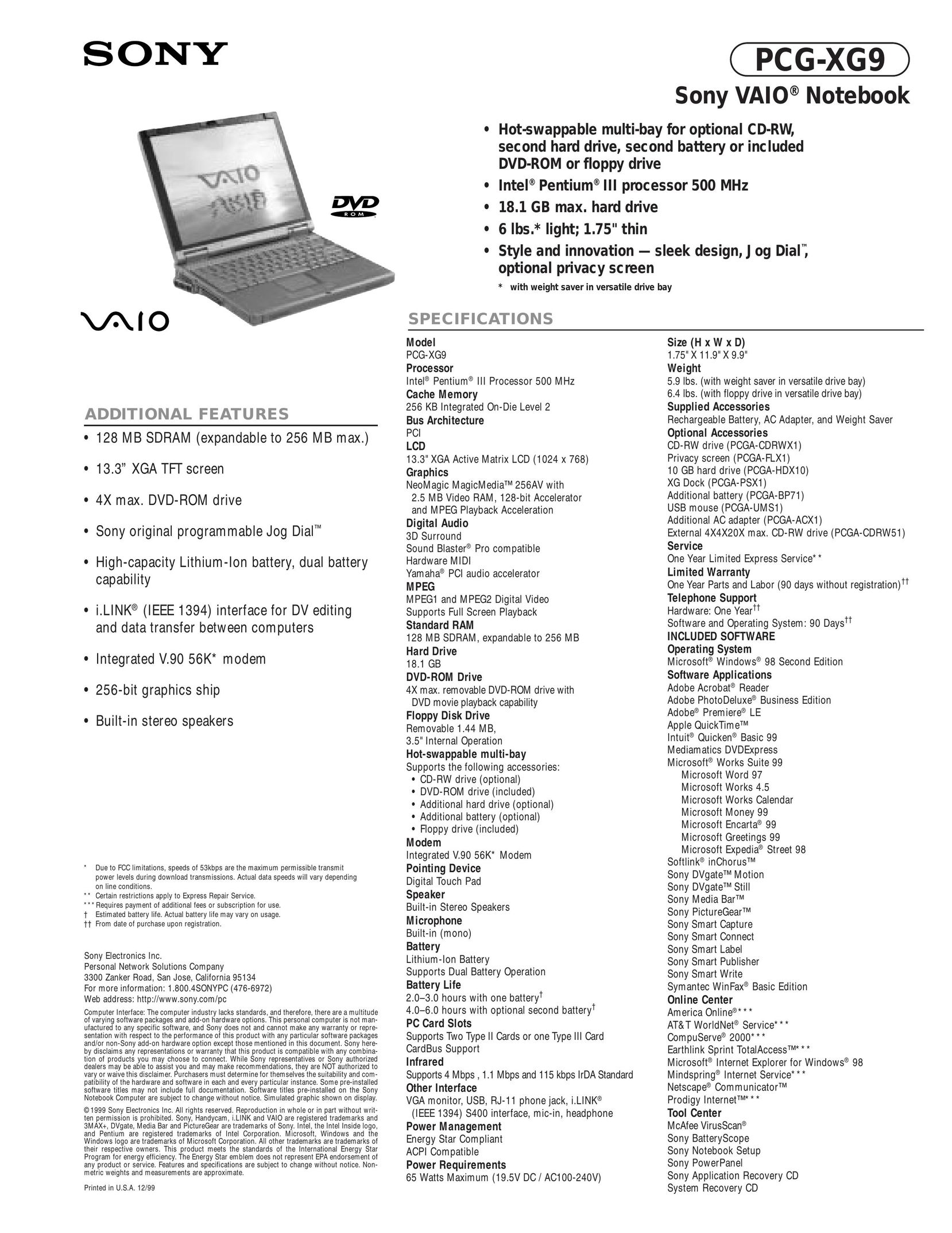 Sony PCG-XG9 Personal Computer User Manual