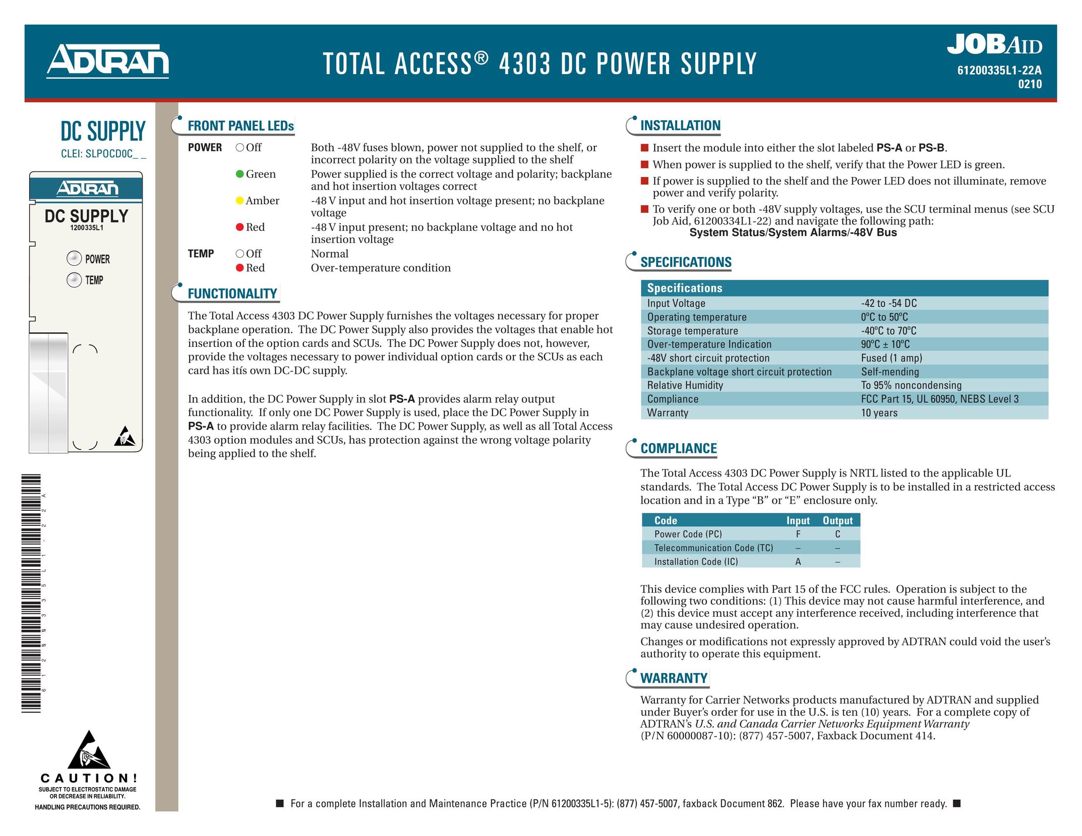 ADTRAN 4303 DC Power Supply User Manual