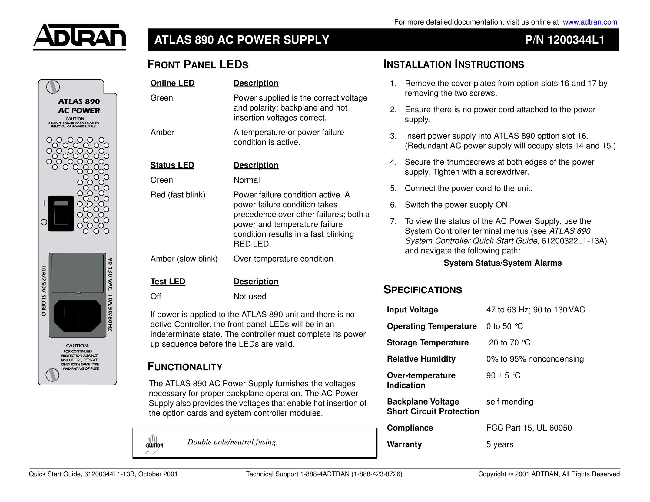 ADTRAN ATLAS 890 Power Supply User Manual