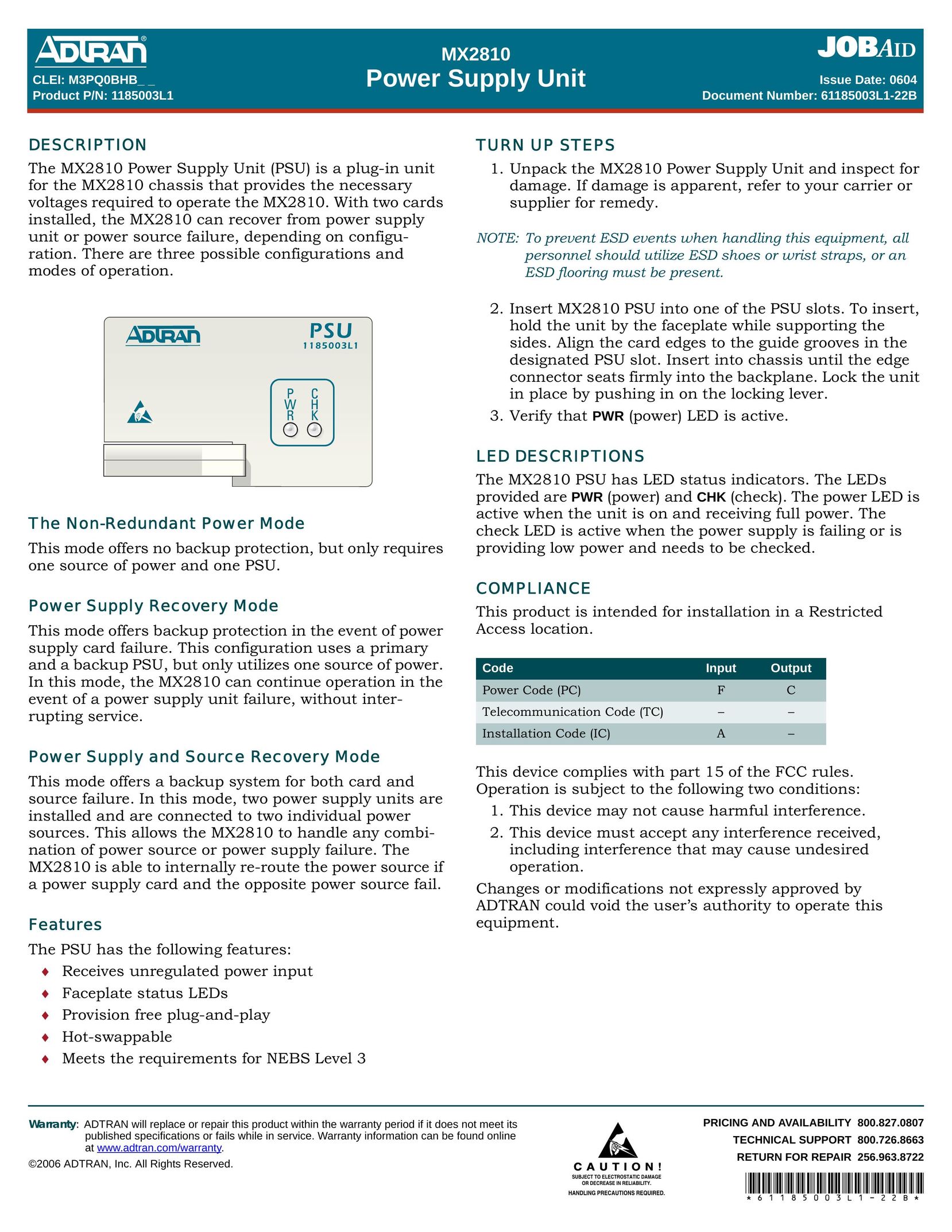 ADTRAN MX2810 Power Supply User Manual