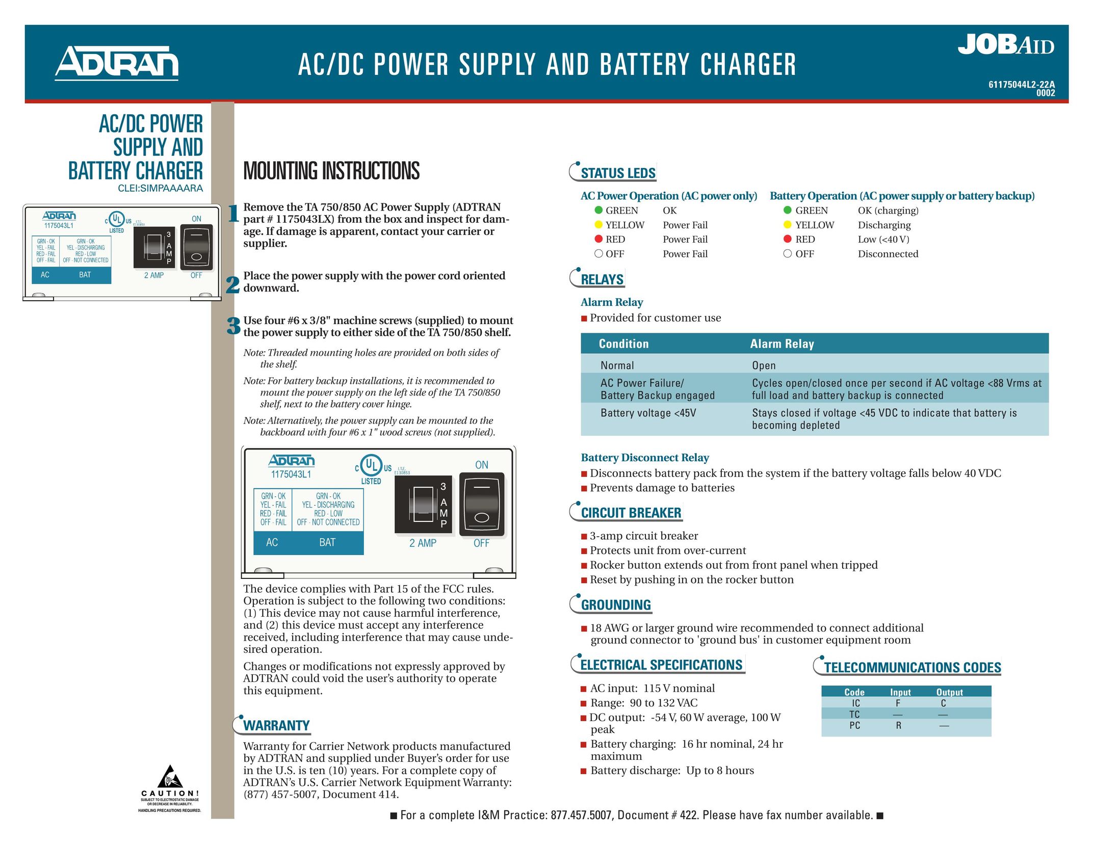 ADTRAN Power Supply/Battery Charger Power Supply User Manual