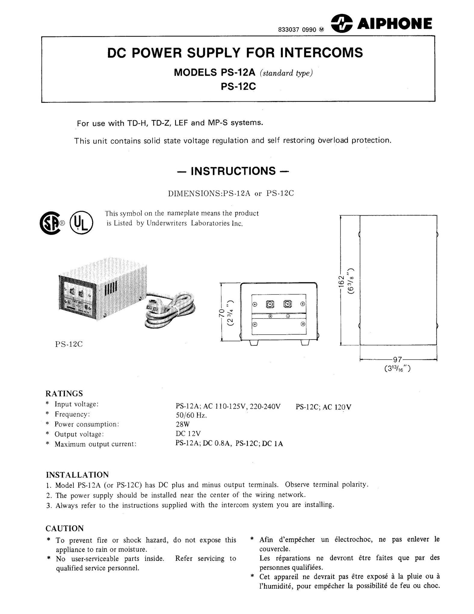 Aiphone PS-12A Power Supply User Manual
