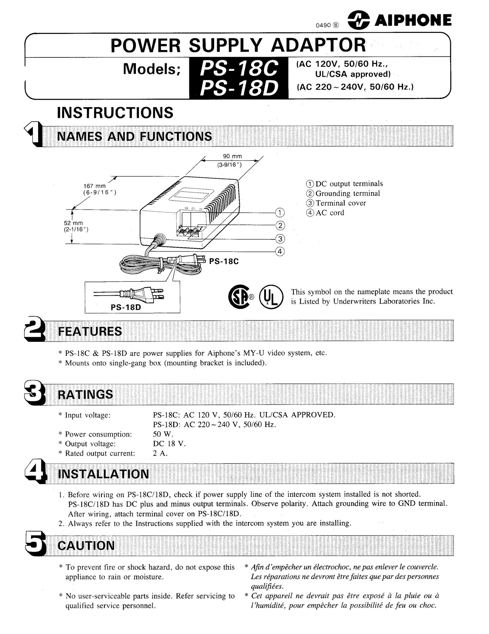 Aiphone PS-18D Power Supply User Manual