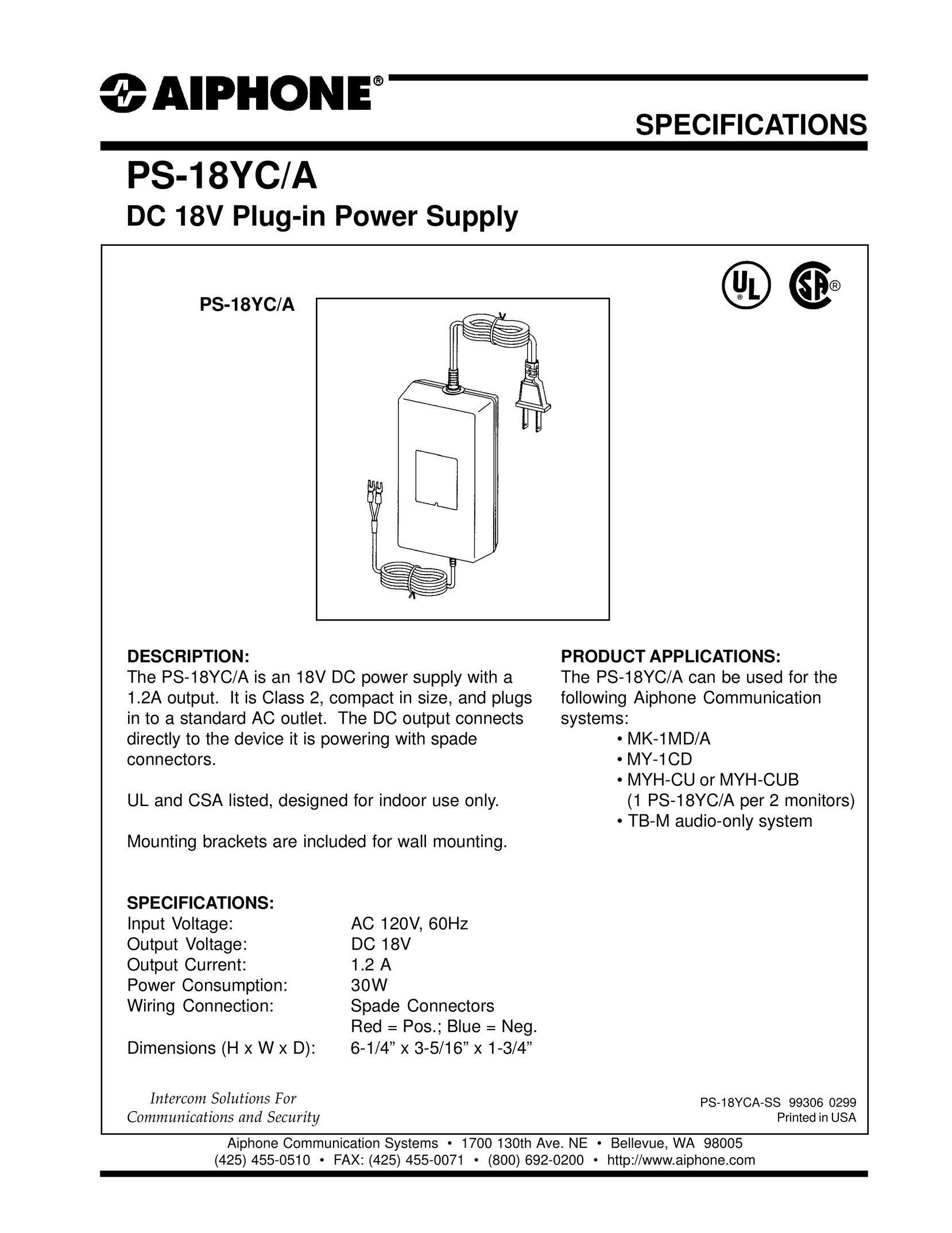 Aiphone PS-18YC/A Power Supply User Manual