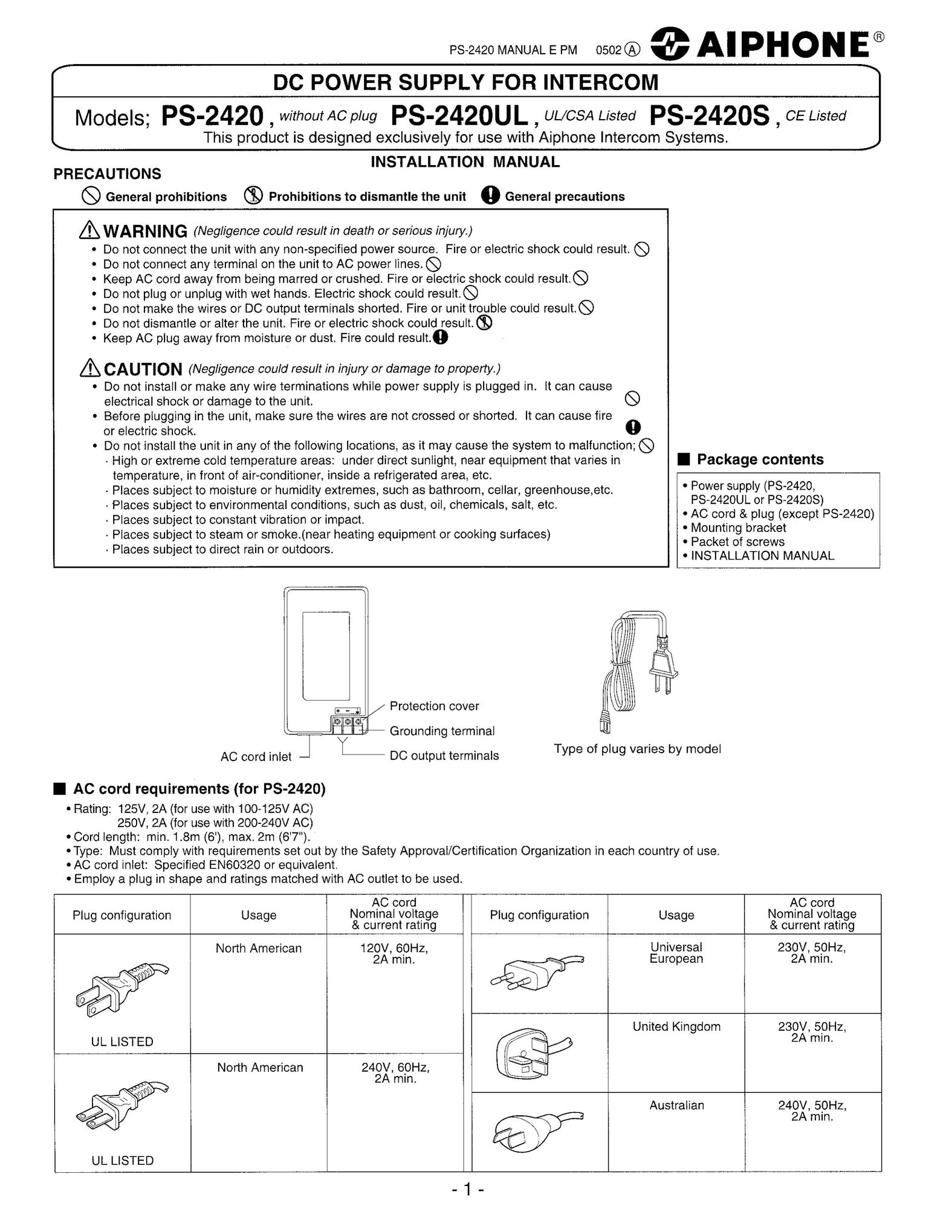 Aiphone PS-2420 Power Supply User Manual