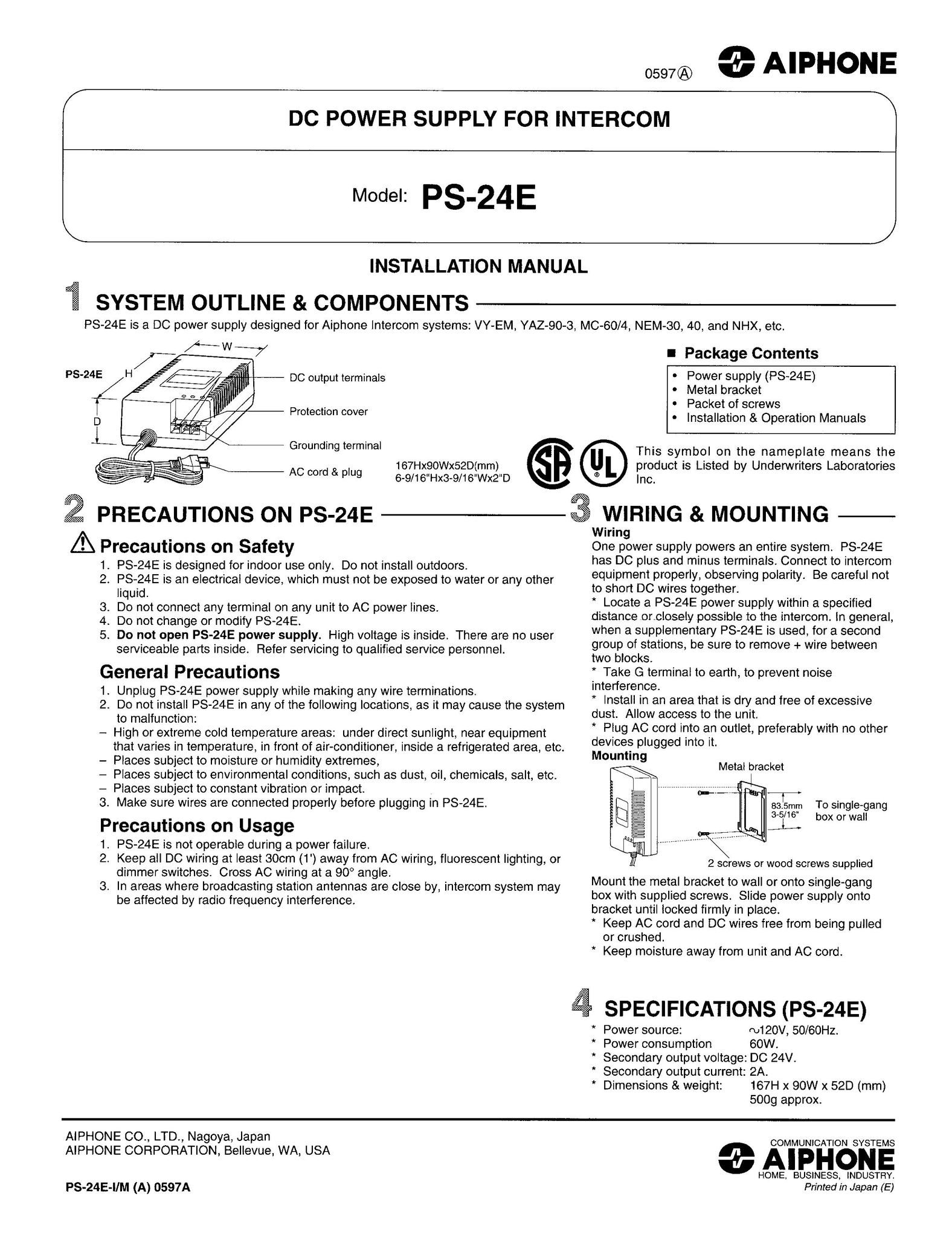 Aiphone PS-24E Power Supply User Manual