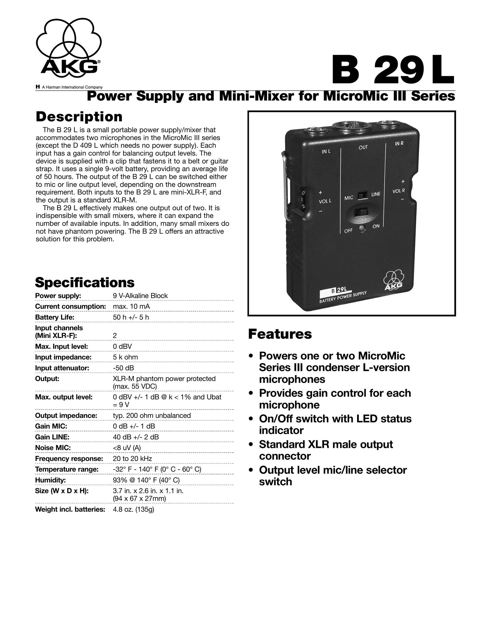 AKG Acoustics B 29L Power Supply User Manual