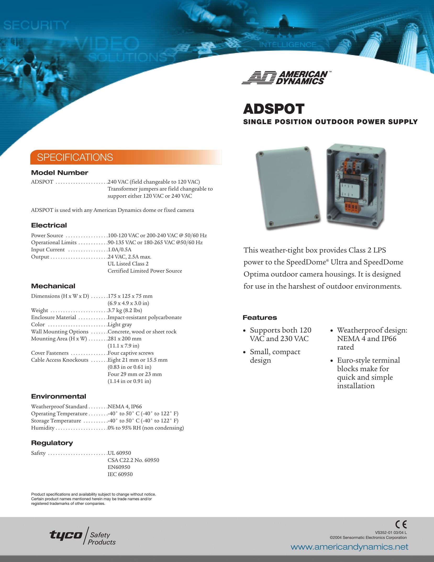 American Dynamics ADSPOT Power Supply User Manual
