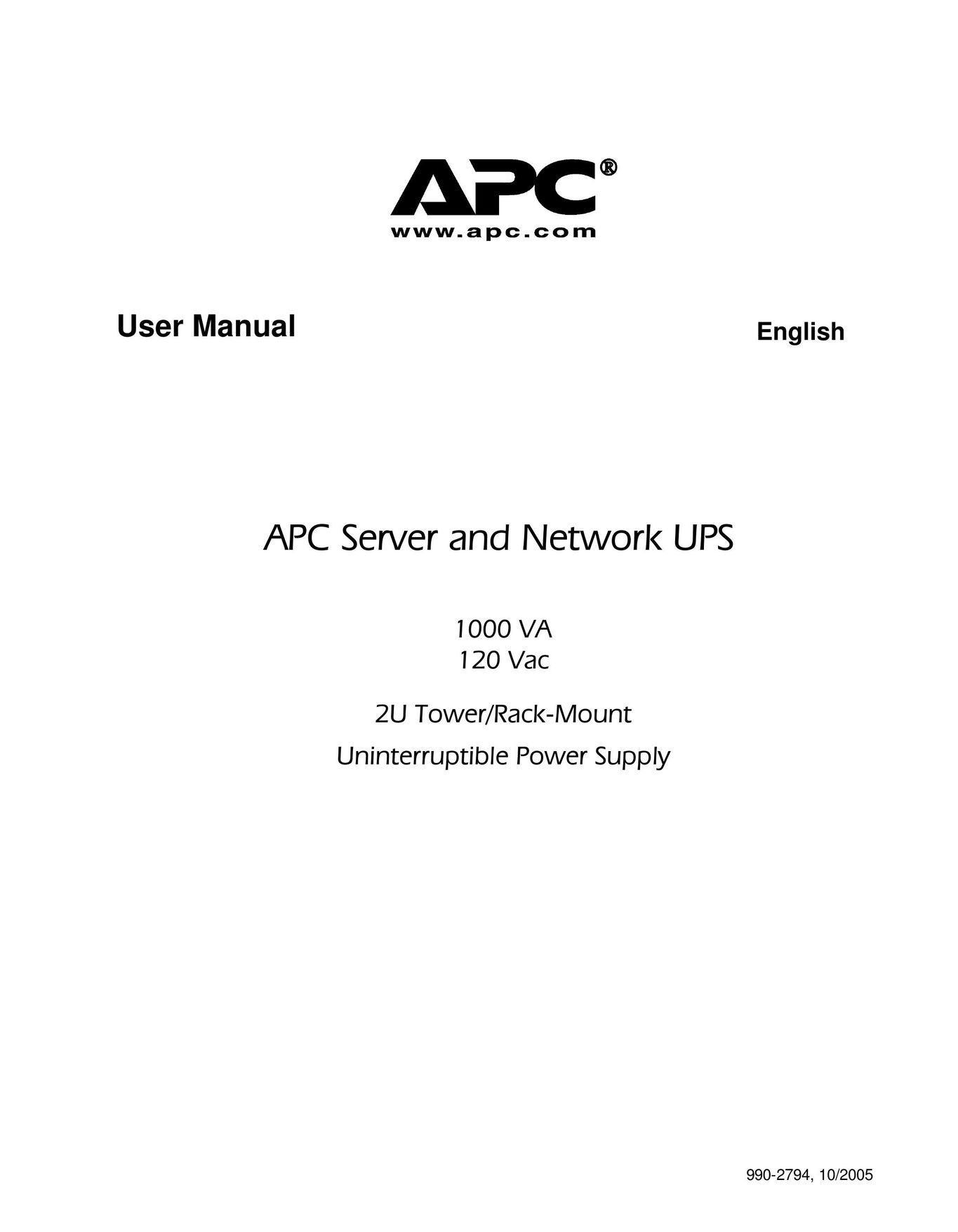 American Power Conversion 1000 VA Power Supply User Manual