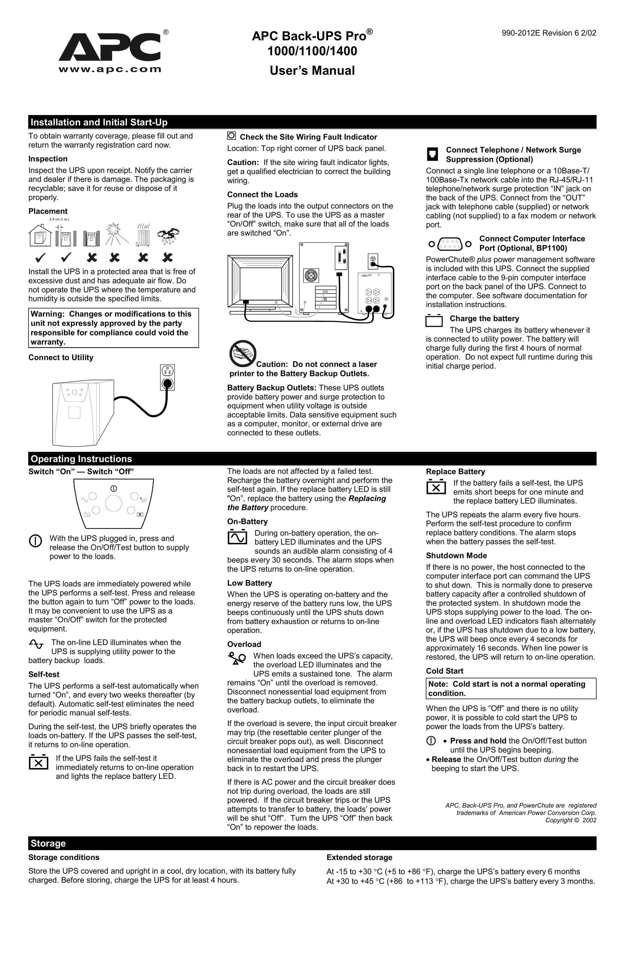 American Power Conversion 1000, 1100, 1400 Power Supply User Manual