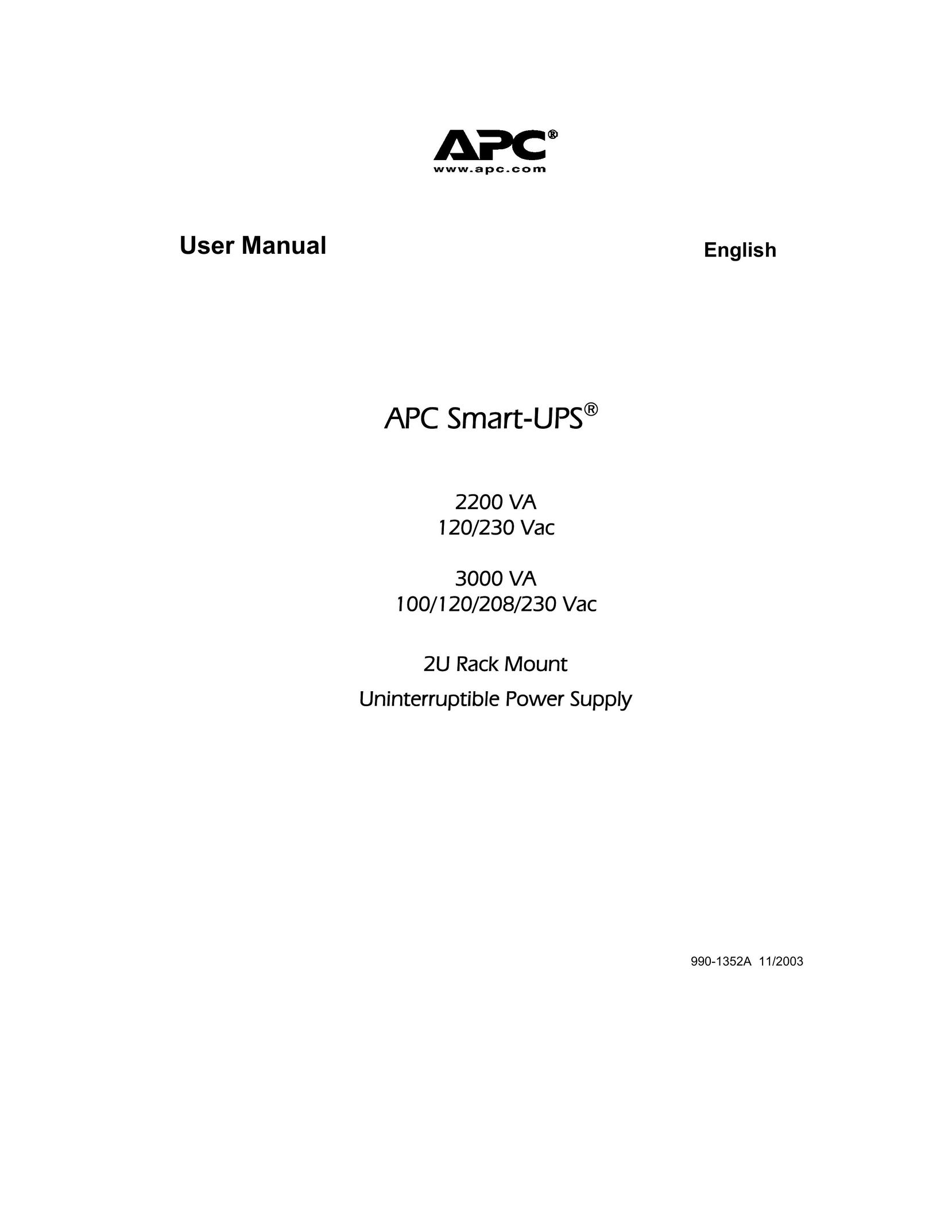 American Power Conversion 2200 VA, 120 Vac, 230 Vac, 3000 VA, 100 Vac, 120 Vac, 208 Vac, 230 Vac Power Supply User Manual