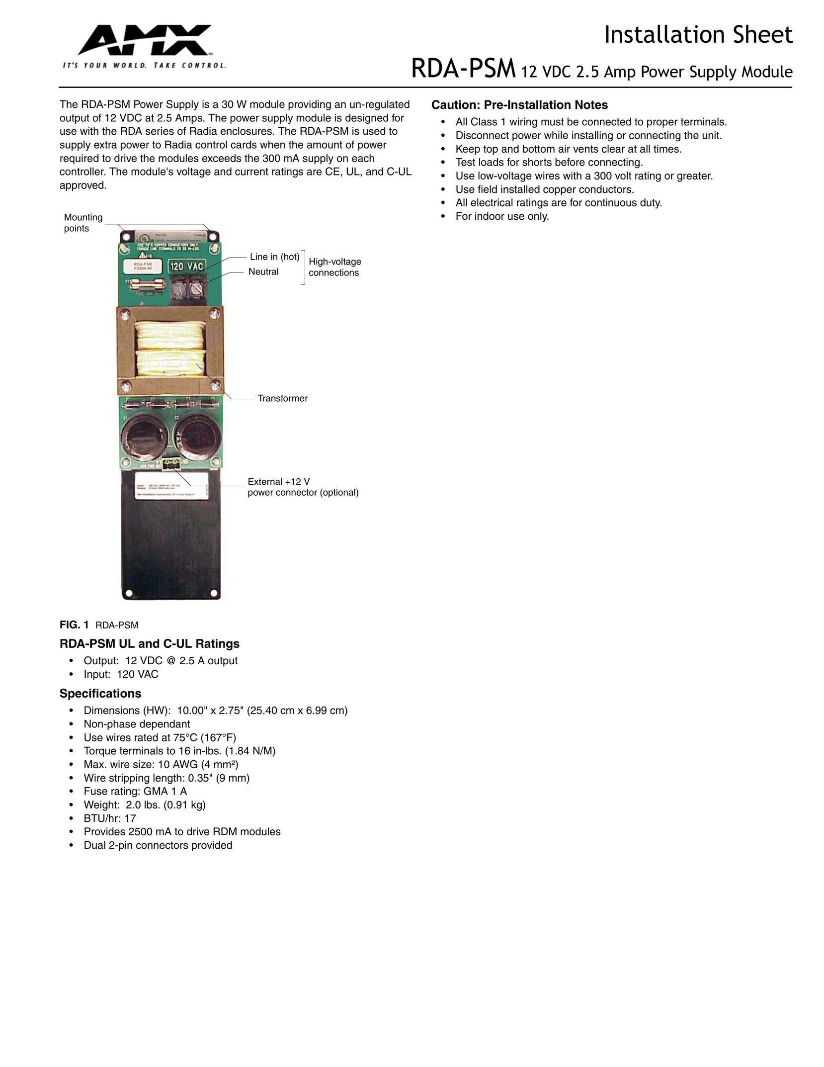 AMX RDA-PSM Power Supply User Manual