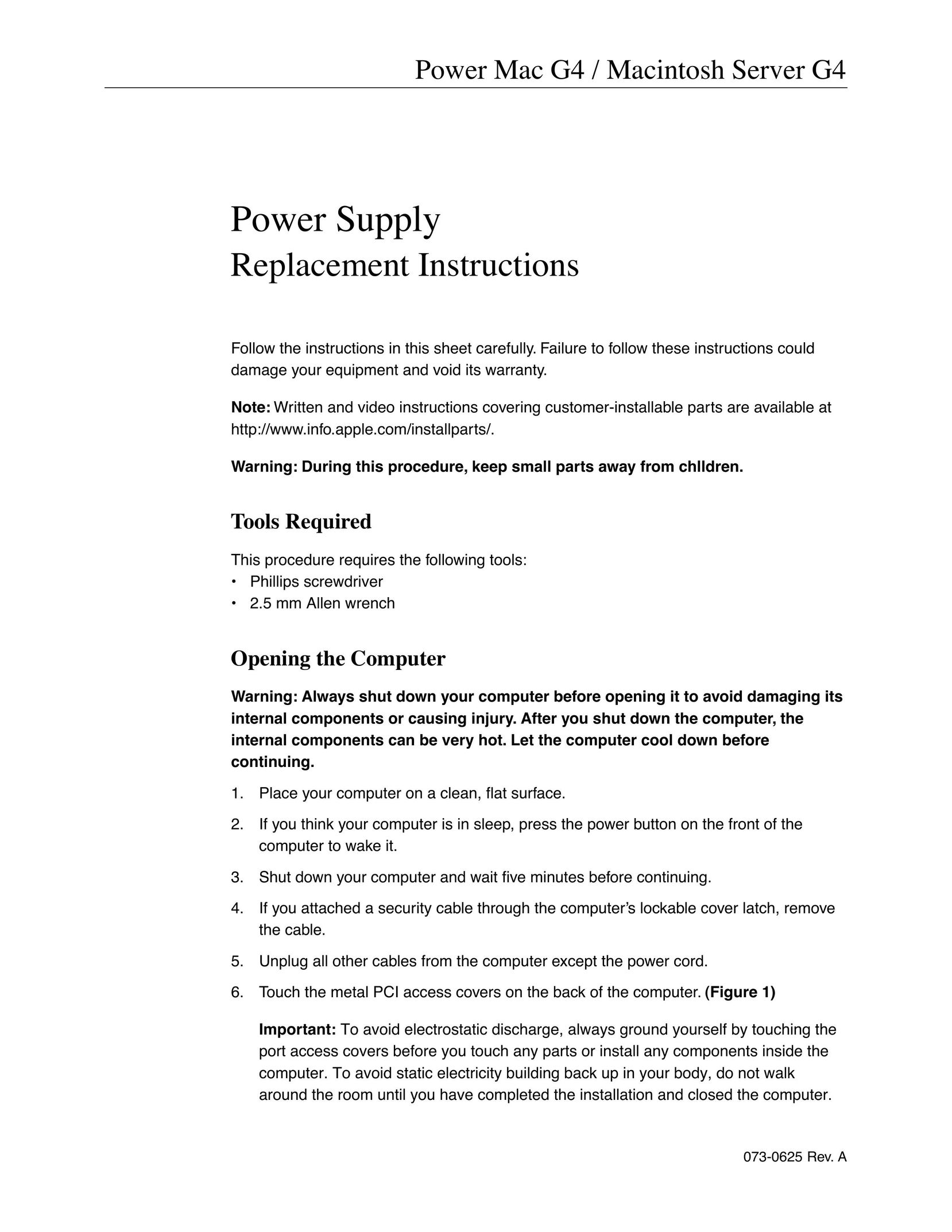 Apple 073-0625 Power Supply User Manual
