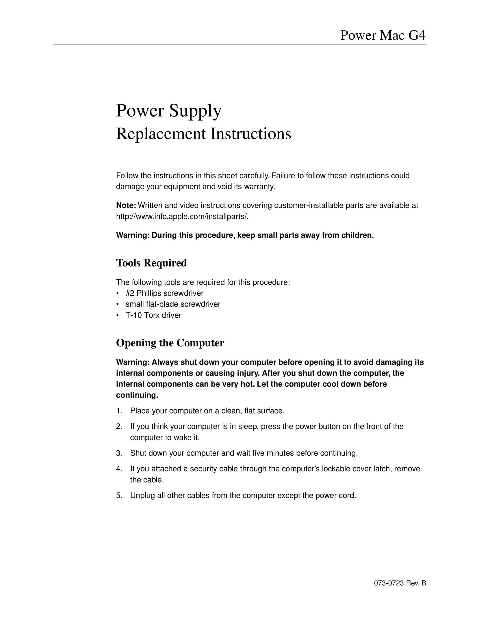 Apple 073-0723 Power Supply User Manual
