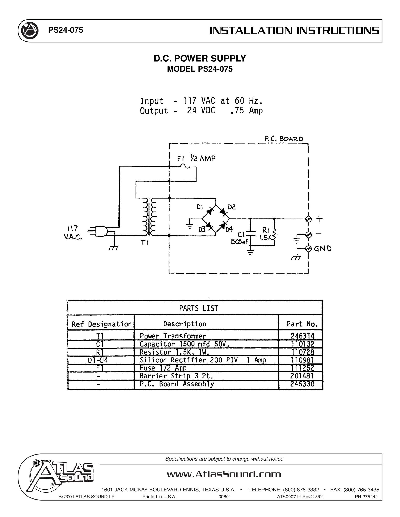 Atlas Sound PS24-075 Power Supply User Manual