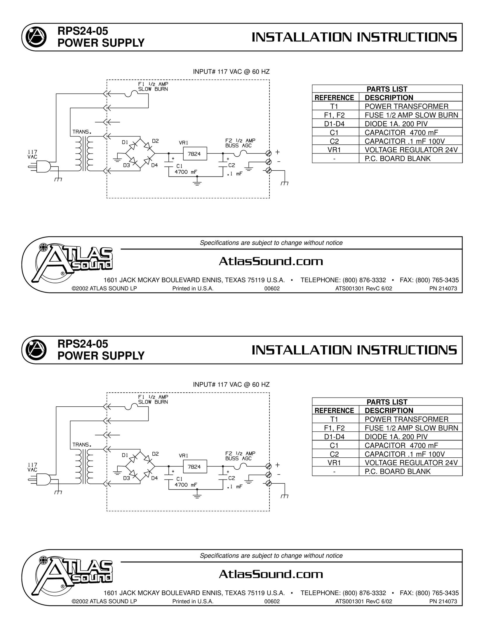 Atlas Sound RPS24-05 Power Supply User Manual