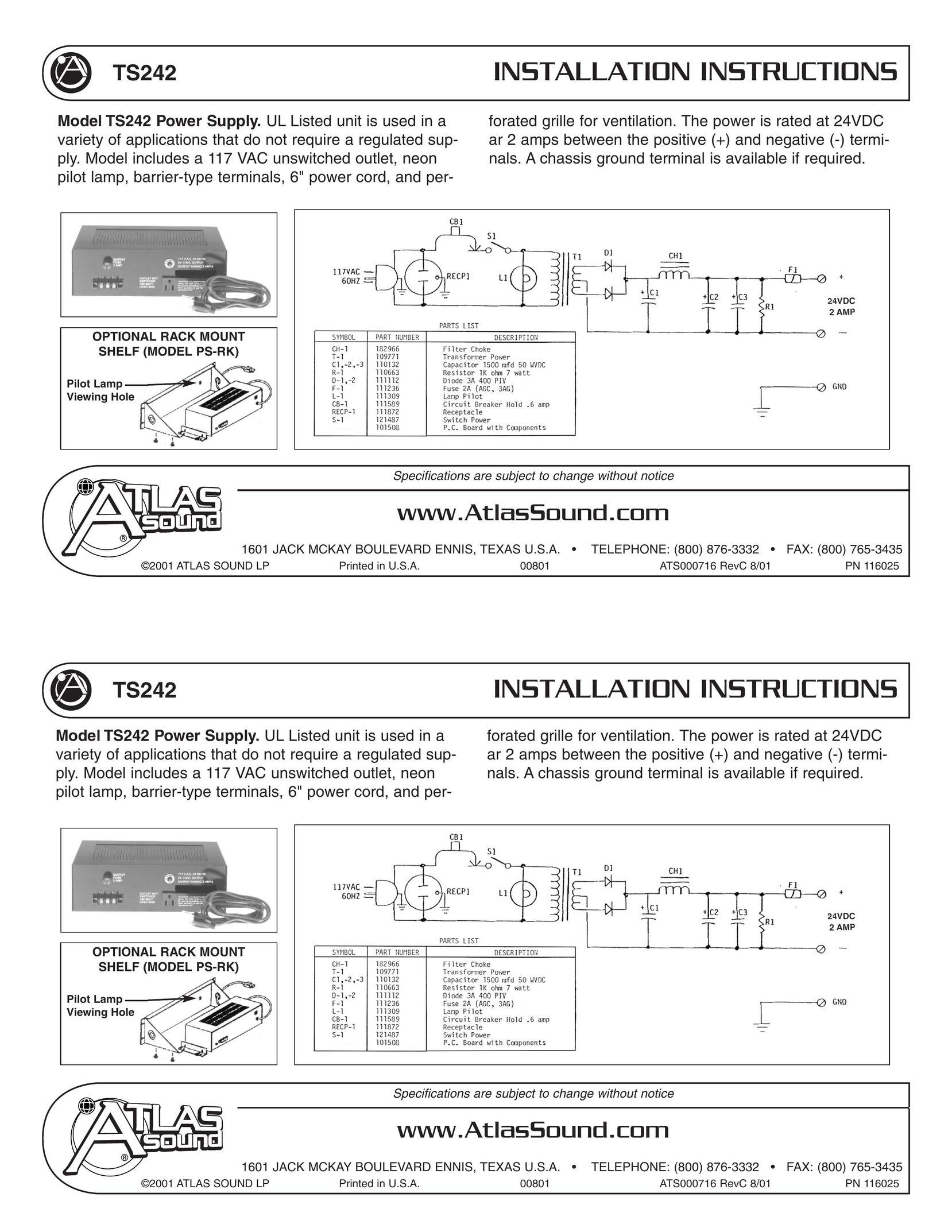 Atlas Sound TS242 Power Supply User Manual
