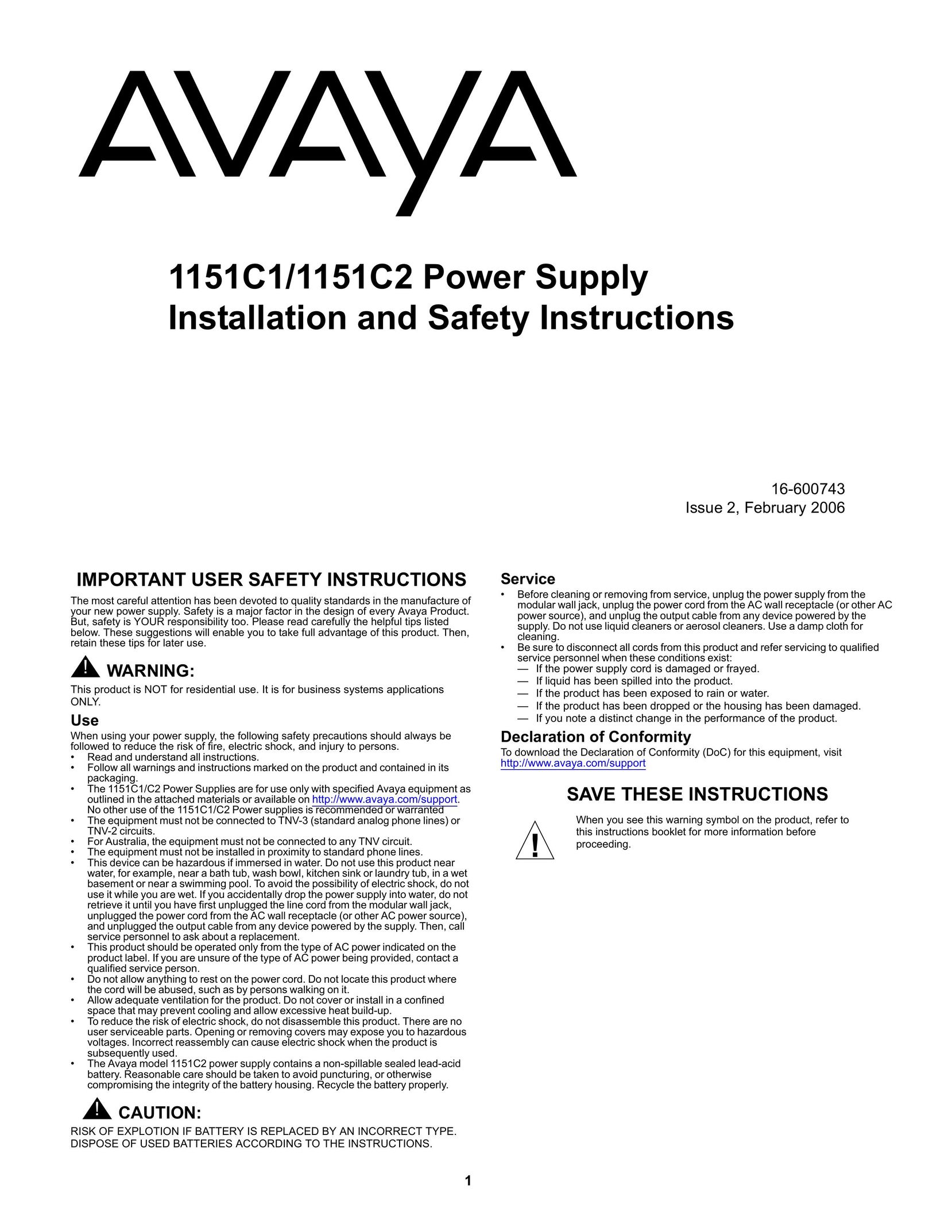 Avaya 1151C2 Power Supply User Manual
