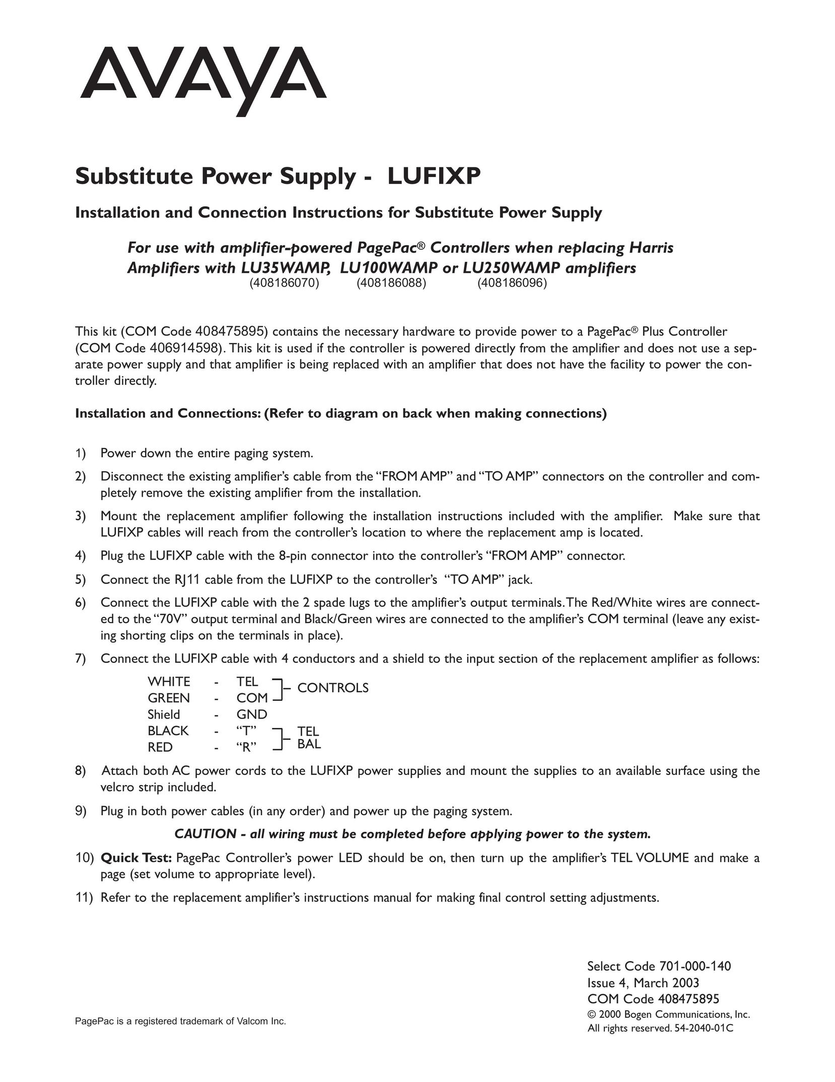Avaya COM Code 408475895 Power Supply User Manual