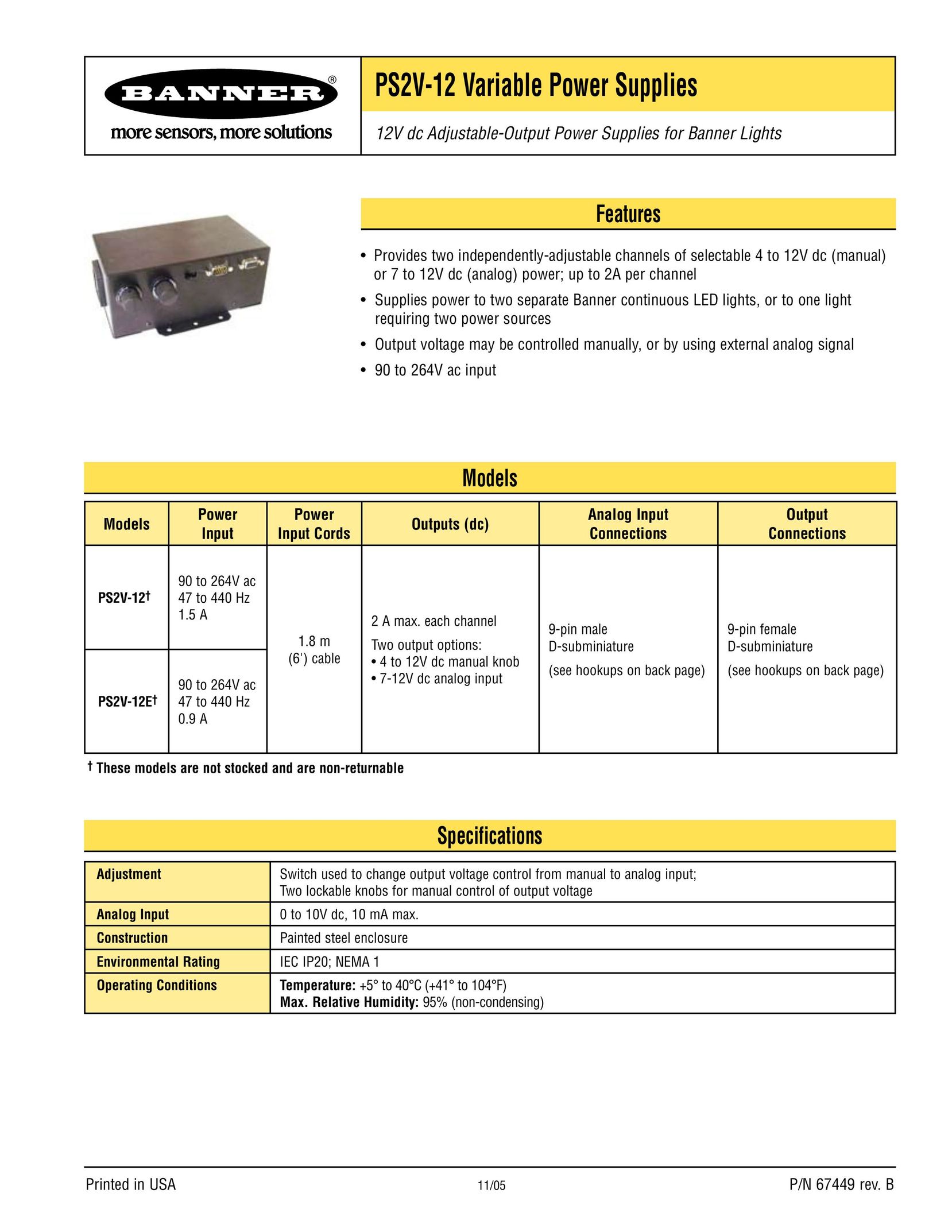 Banner PS2V-12 Power Supply User Manual