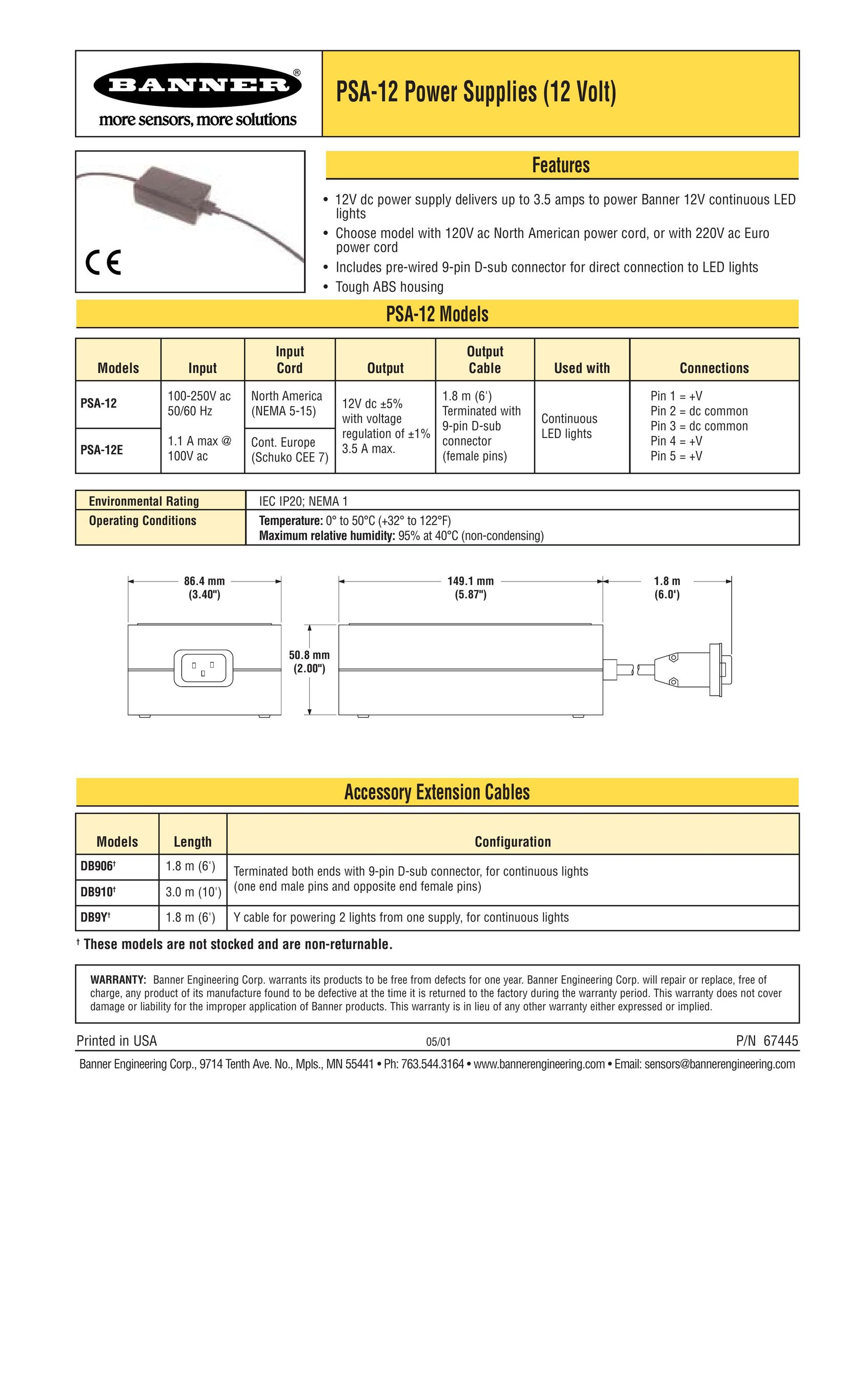 Banner PSA-12 Power Supply User Manual