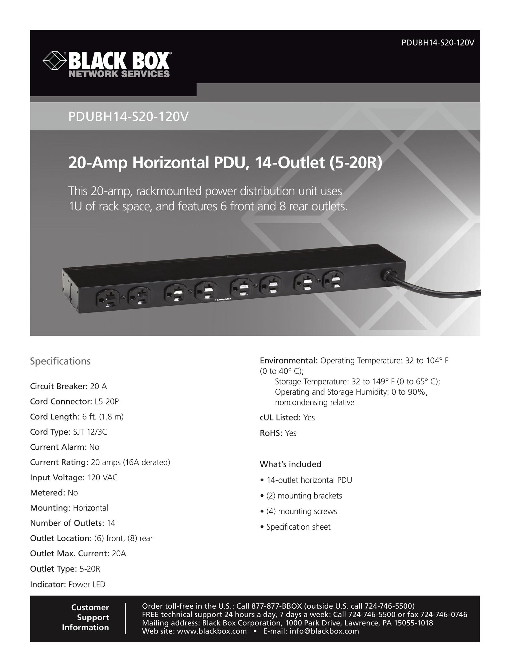 Black Box 20-Amp Horizontal PDU, 14 Outlet (5-20R) Power Supply User Manual
